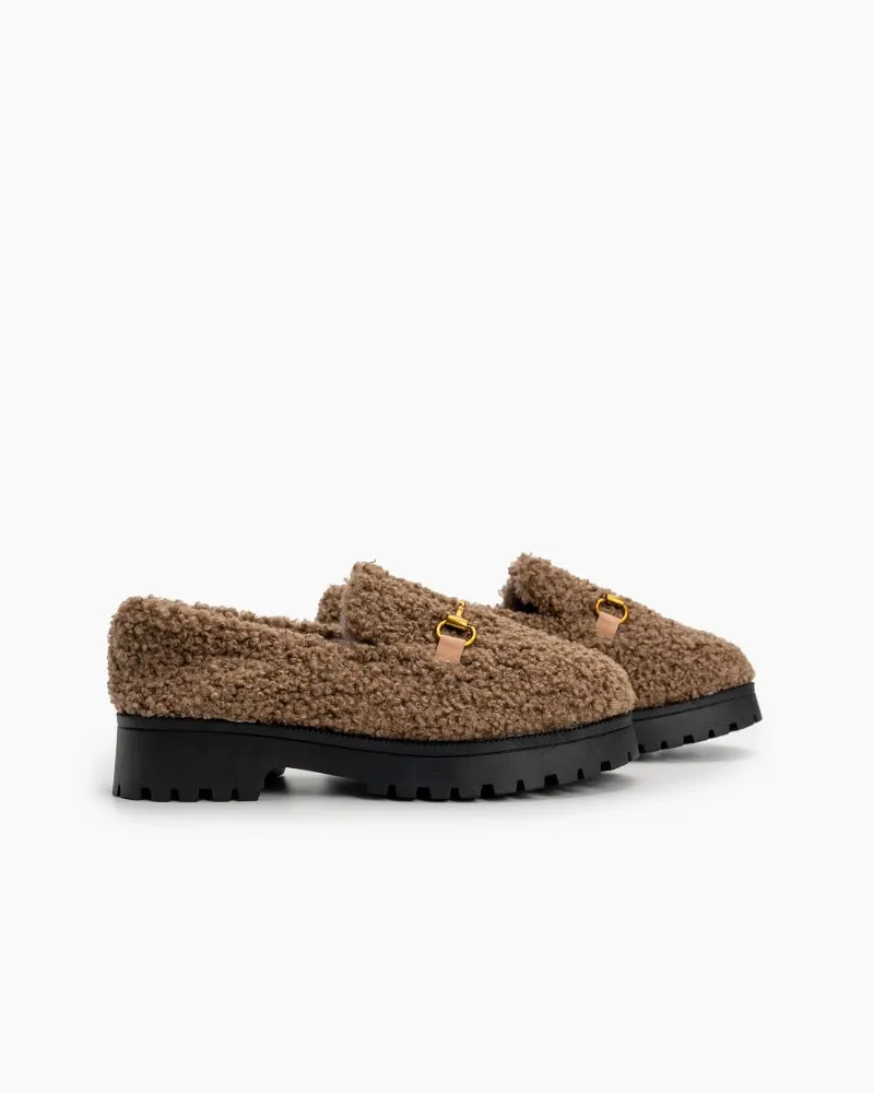 Classic Metal Buckle Platform Slip On Fur Peas Loafers