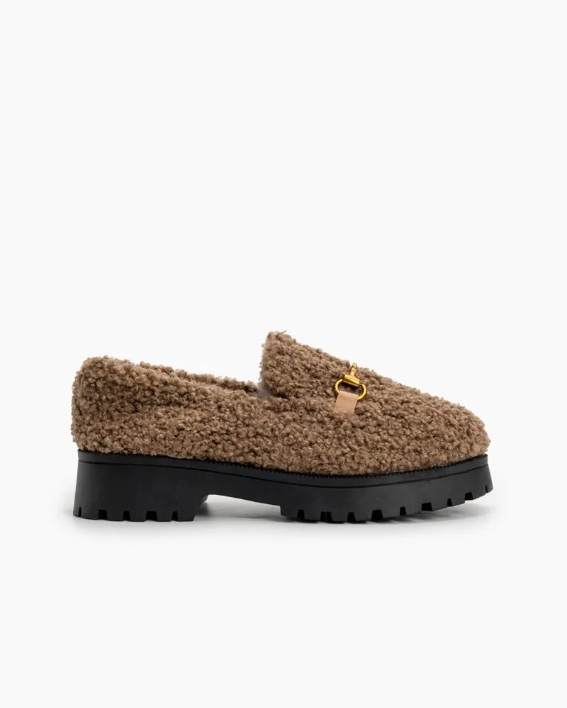 Classic Metal Buckle Platform Slip On Fur Peas Loafers