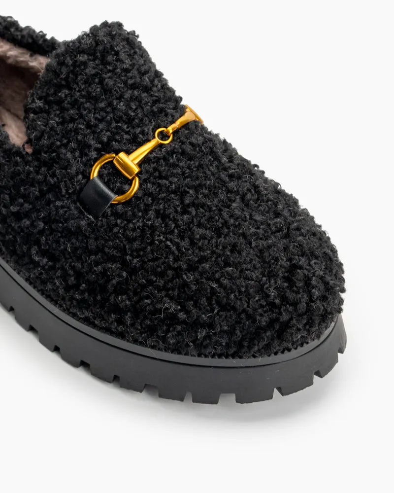 Classic Metal Buckle Platform Slip On Fur Peas Loafers