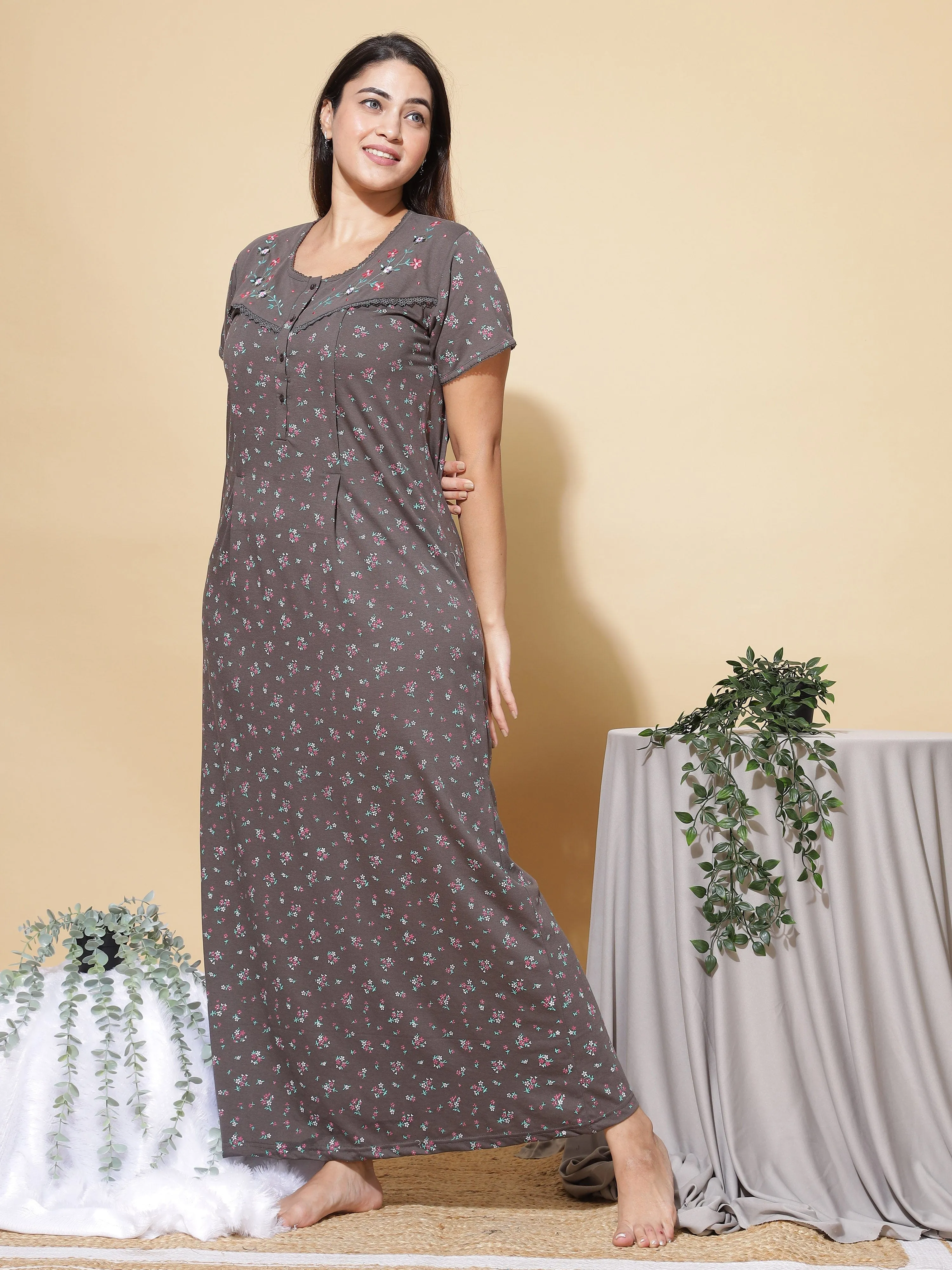 Cotton Blend Maternity Feeding Nighty Mud Green