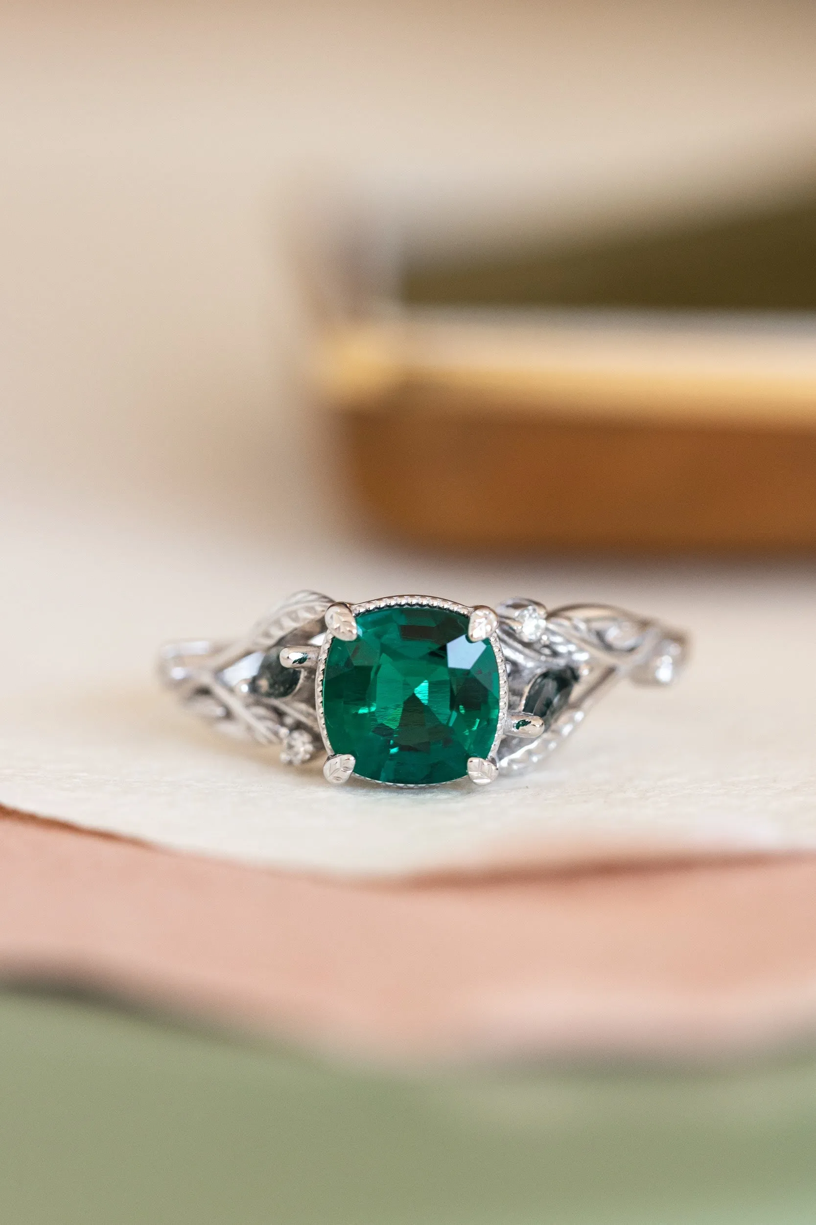 Cushion cut emerald and accent moss agates engagement ring, white gold nature themed proposal ring / Patricia