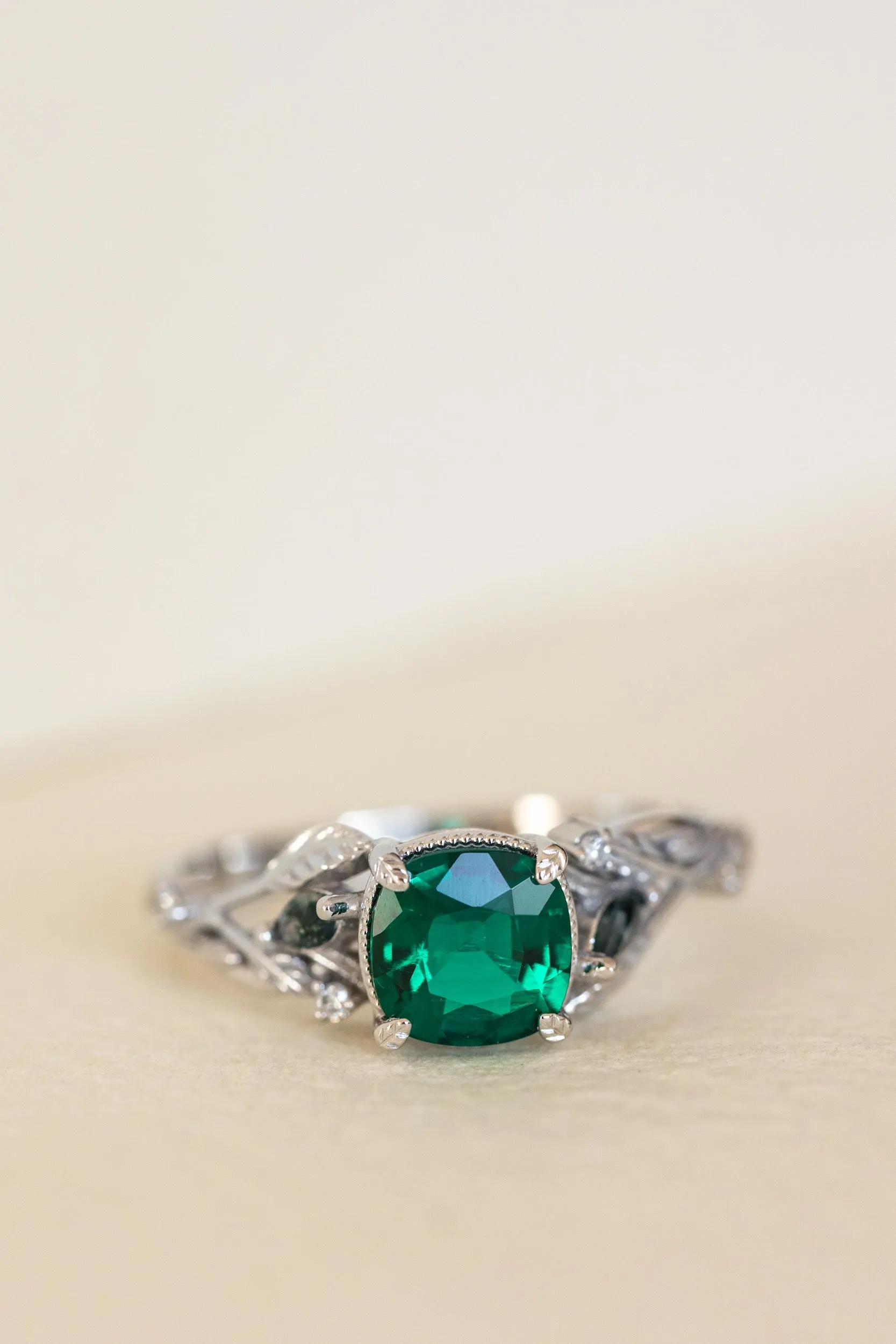 Cushion cut emerald and accent moss agates engagement ring, white gold nature themed proposal ring / Patricia