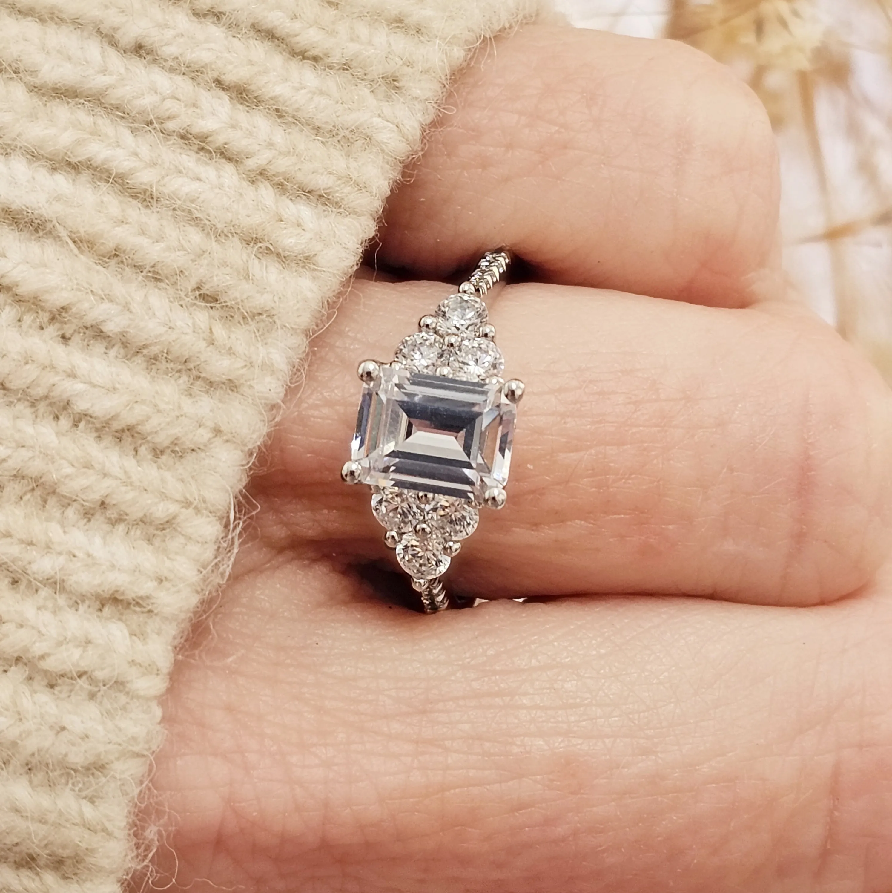 Emerald Cut Diamond Trio Engagement Ring