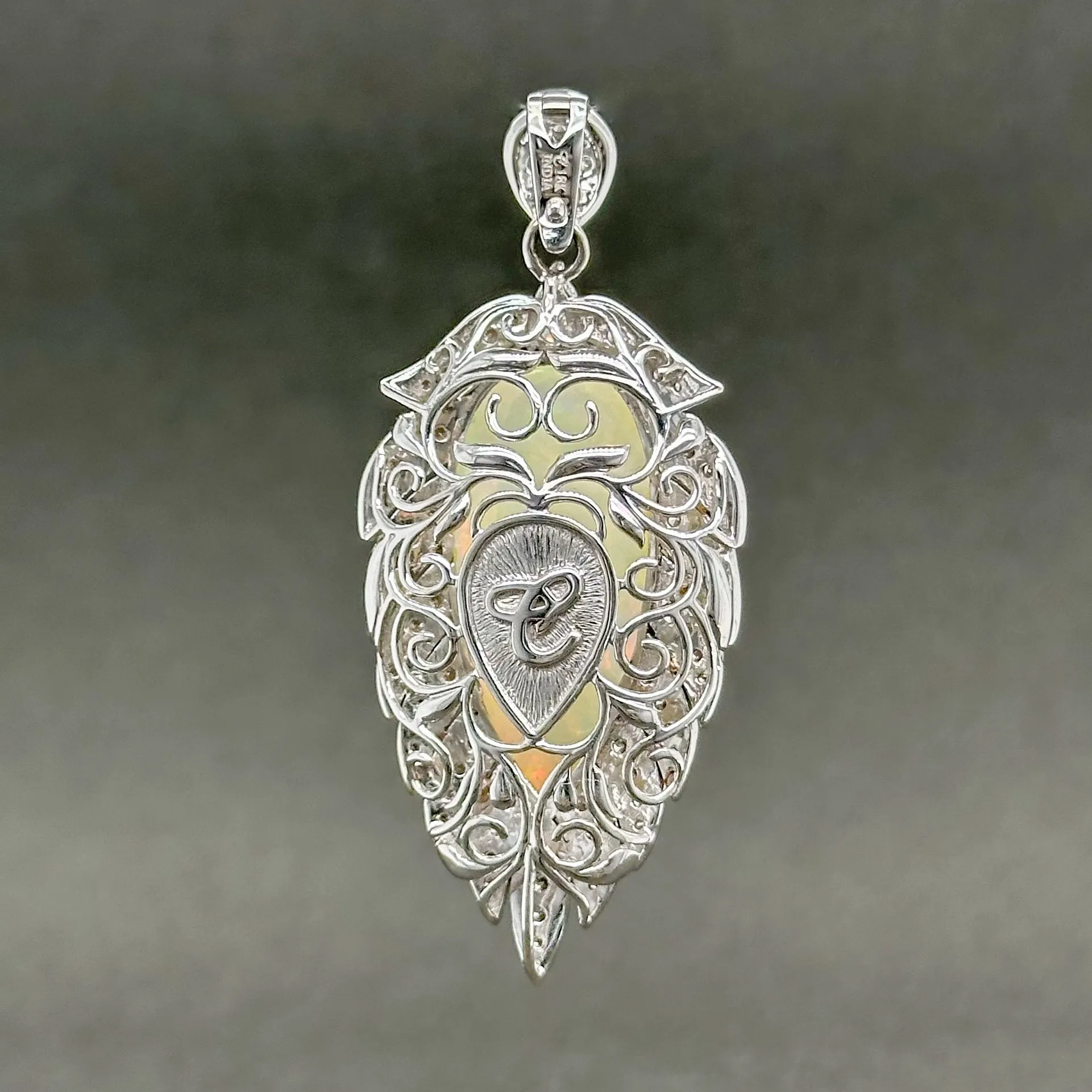 Estate 18K W Gold 20.21ct Opal & 0.75ctw H-I/SI1-2 Diamond Feather Pendant