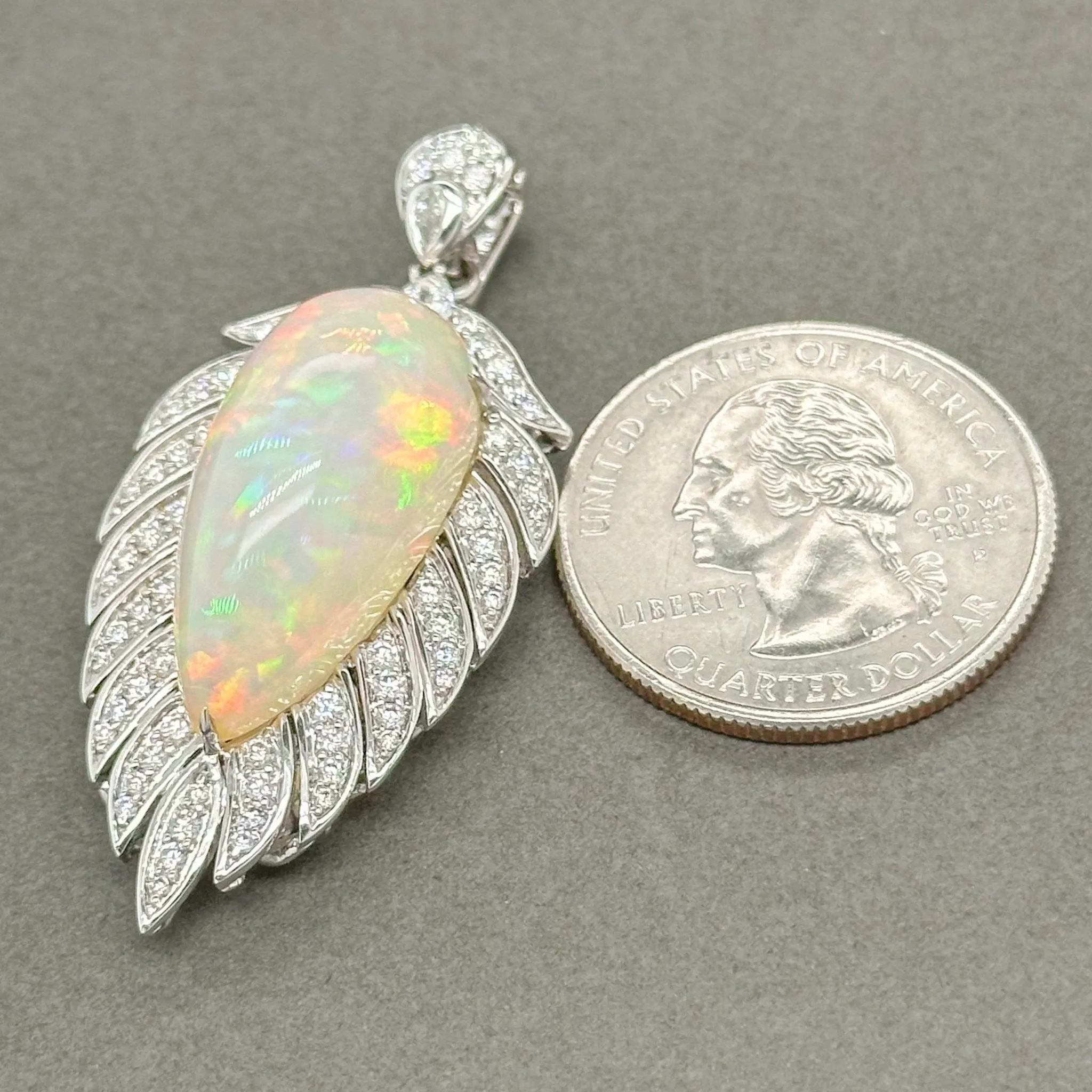 Estate 18K W Gold 20.21ct Opal & 0.75ctw H-I/SI1-2 Diamond Feather Pendant