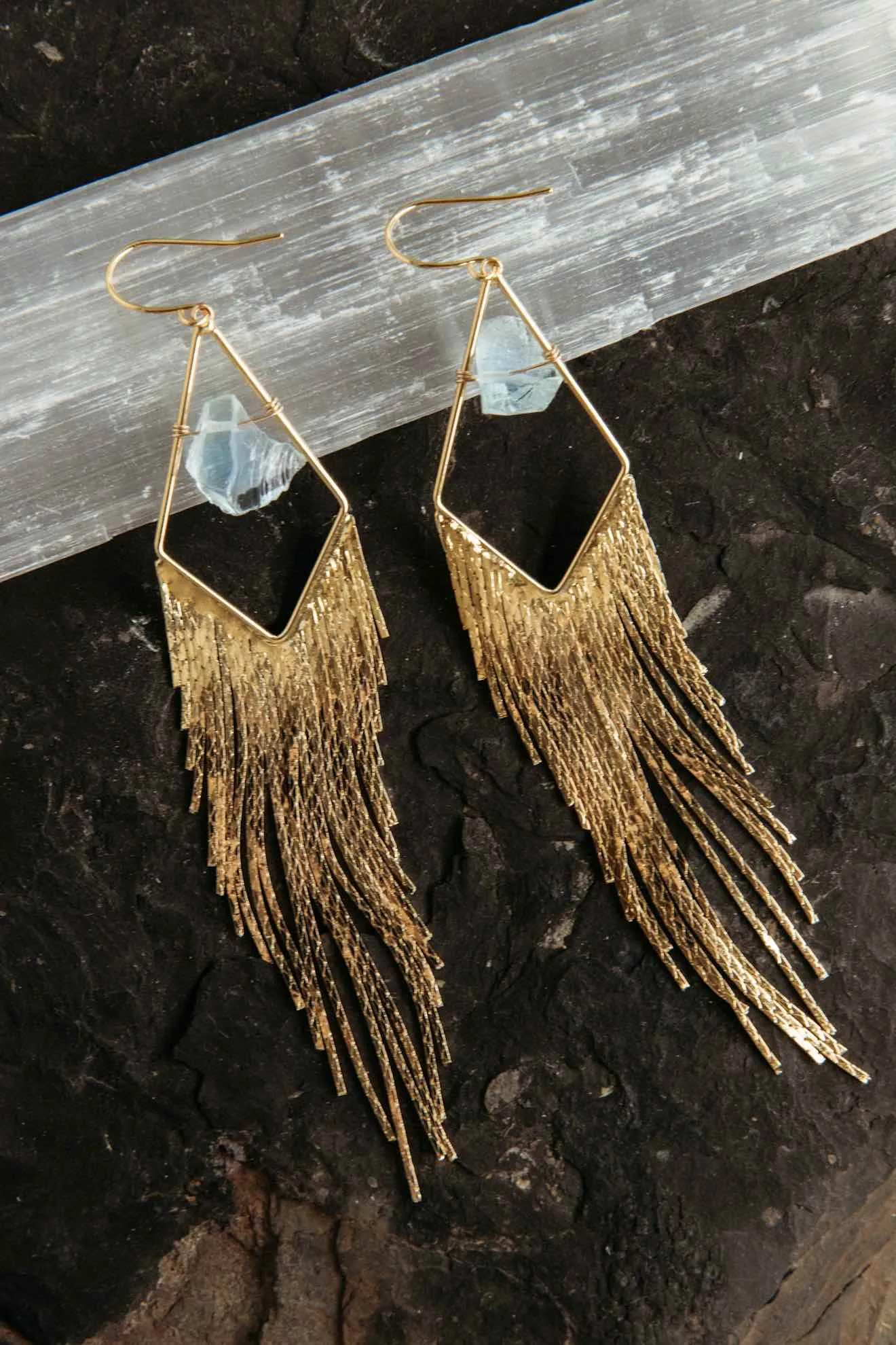 Glow From Within Aquamarine Gold Fringe Earrings