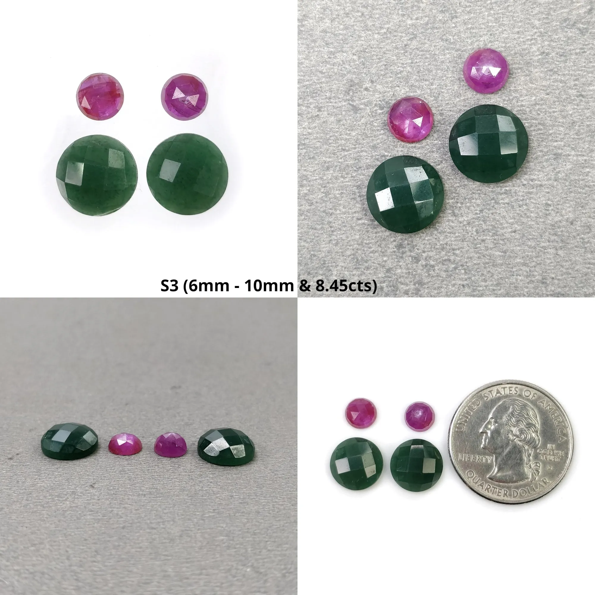 GREEN QUARTZITE & Raspberry Pink Sapphire Gemstone Checker Rose Cut : Natural Untreated Quartzite Pear Round Shape 2pcs 4pcs