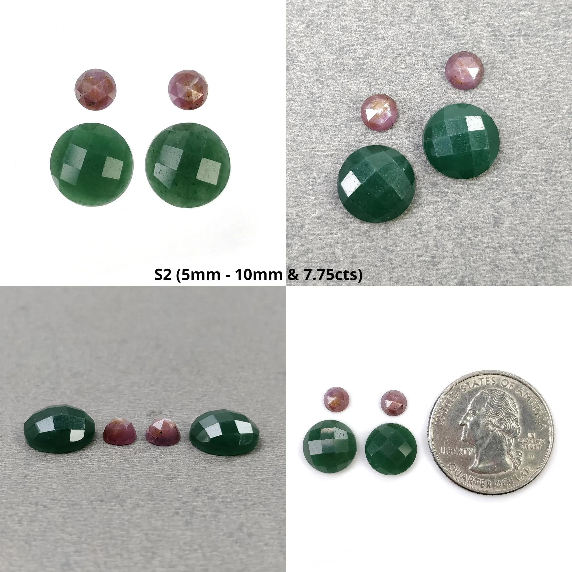 GREEN QUARTZITE & Raspberry Pink Sapphire Gemstone Checker Rose Cut : Natural Untreated Quartzite Pear Round Shape 2pcs 4pcs