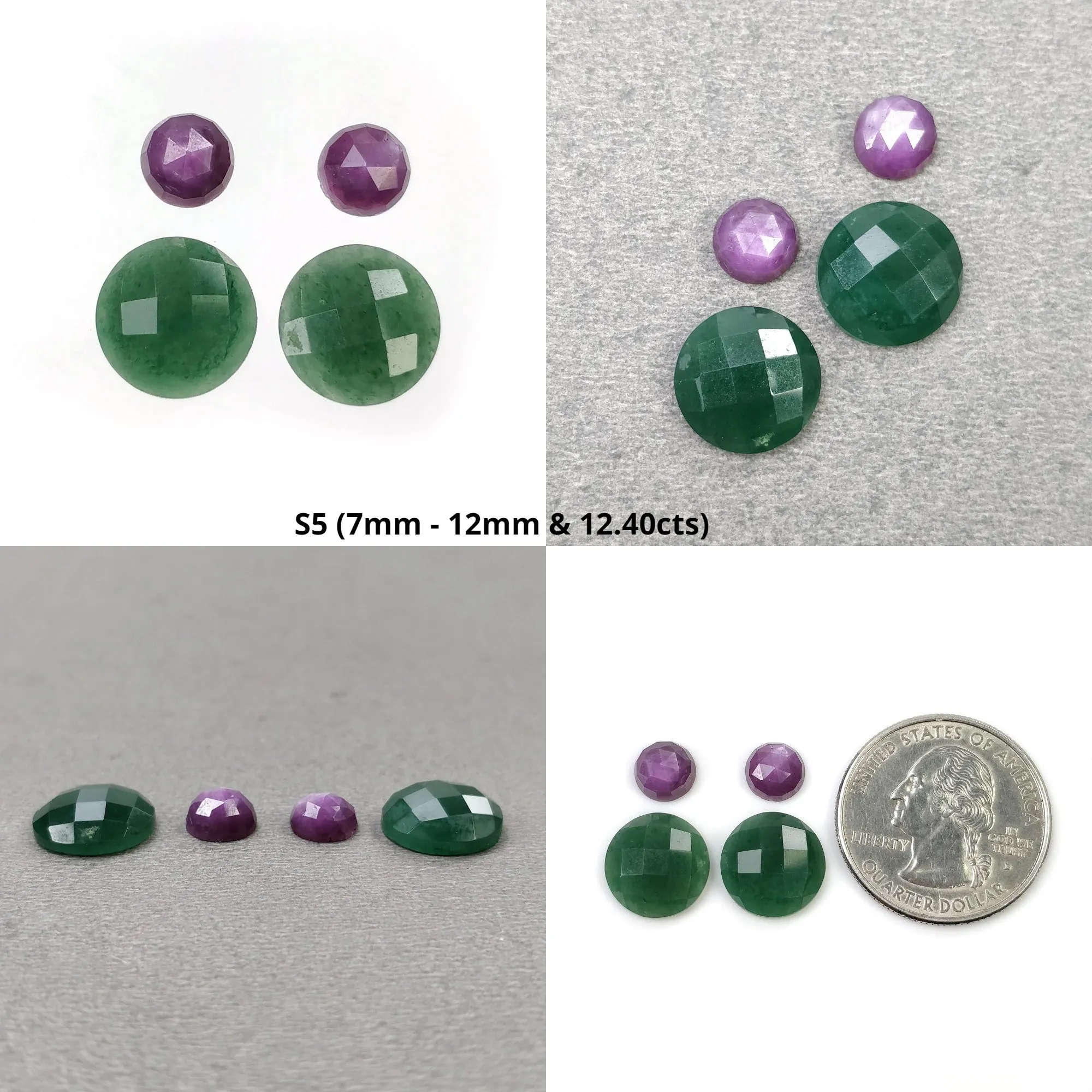 GREEN QUARTZITE & Raspberry Pink Sapphire Gemstone Checker Rose Cut : Natural Untreated Quartzite Pear Round Shape 2pcs 4pcs