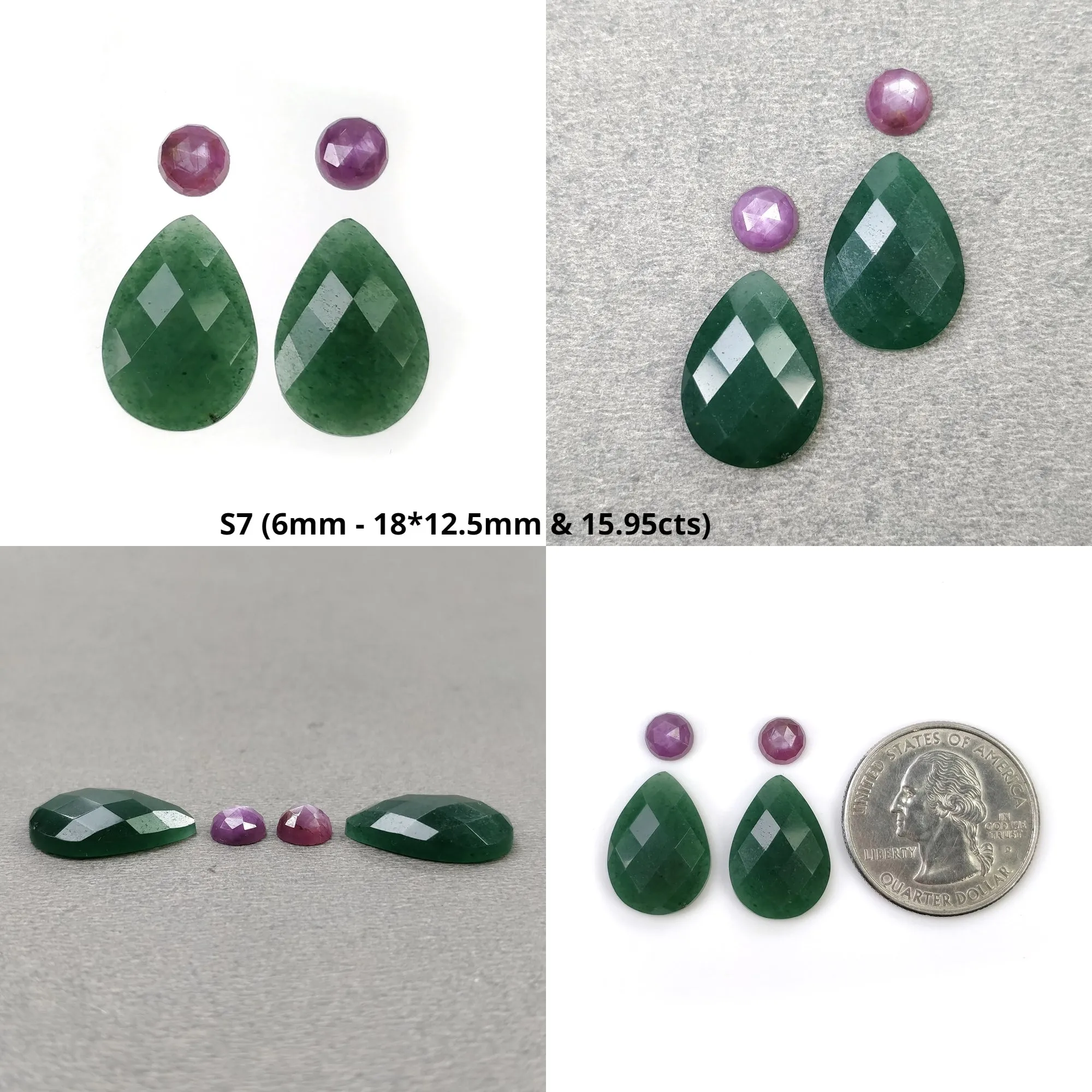 GREEN QUARTZITE & Raspberry Pink Sapphire Gemstone Checker Rose Cut : Natural Untreated Quartzite Pear Round Shape 2pcs 4pcs