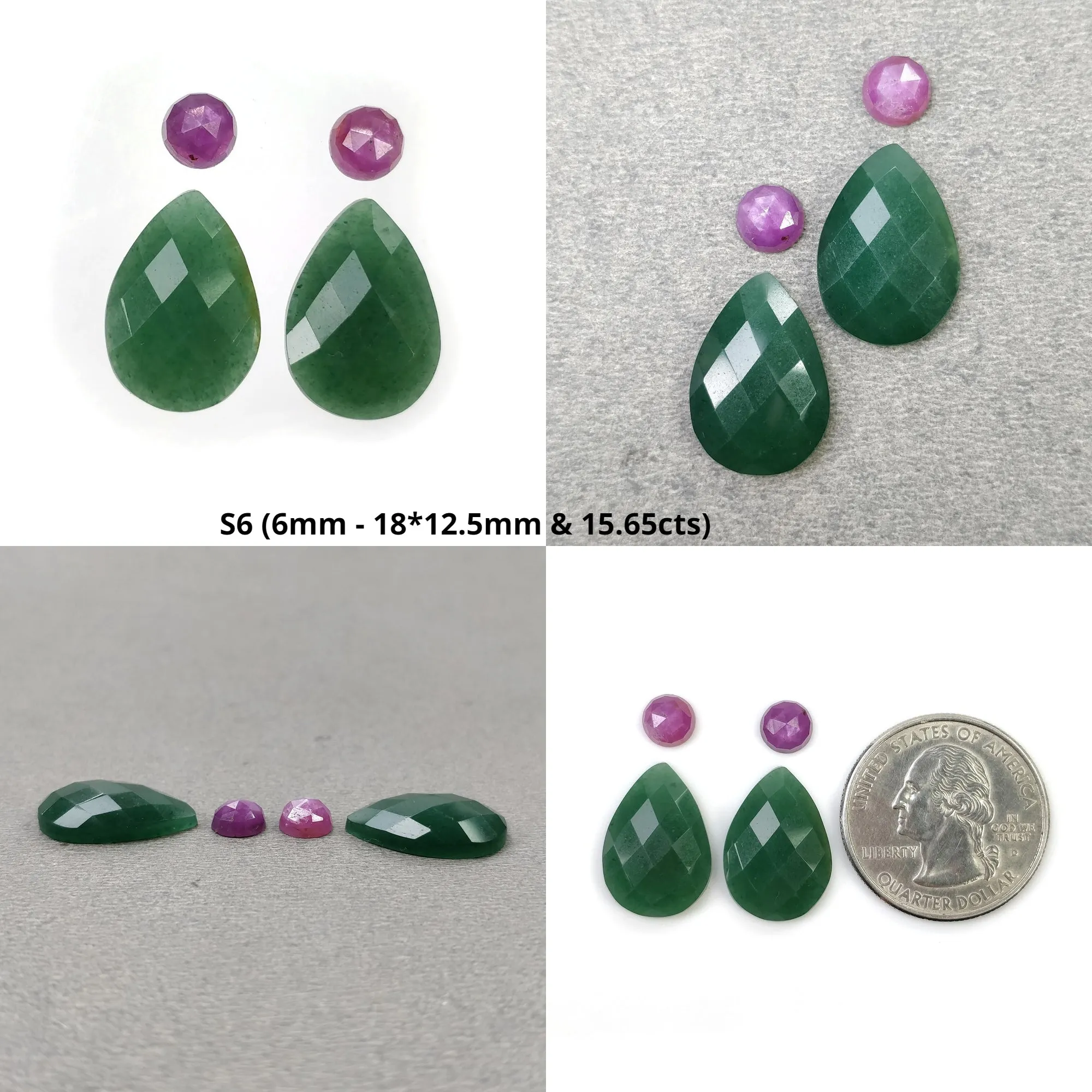 GREEN QUARTZITE & Raspberry Pink Sapphire Gemstone Checker Rose Cut : Natural Untreated Quartzite Pear Round Shape 2pcs 4pcs