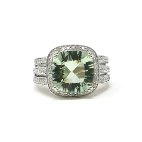 Green Topaz Diamond Tri Band Ring in 14K White Gold