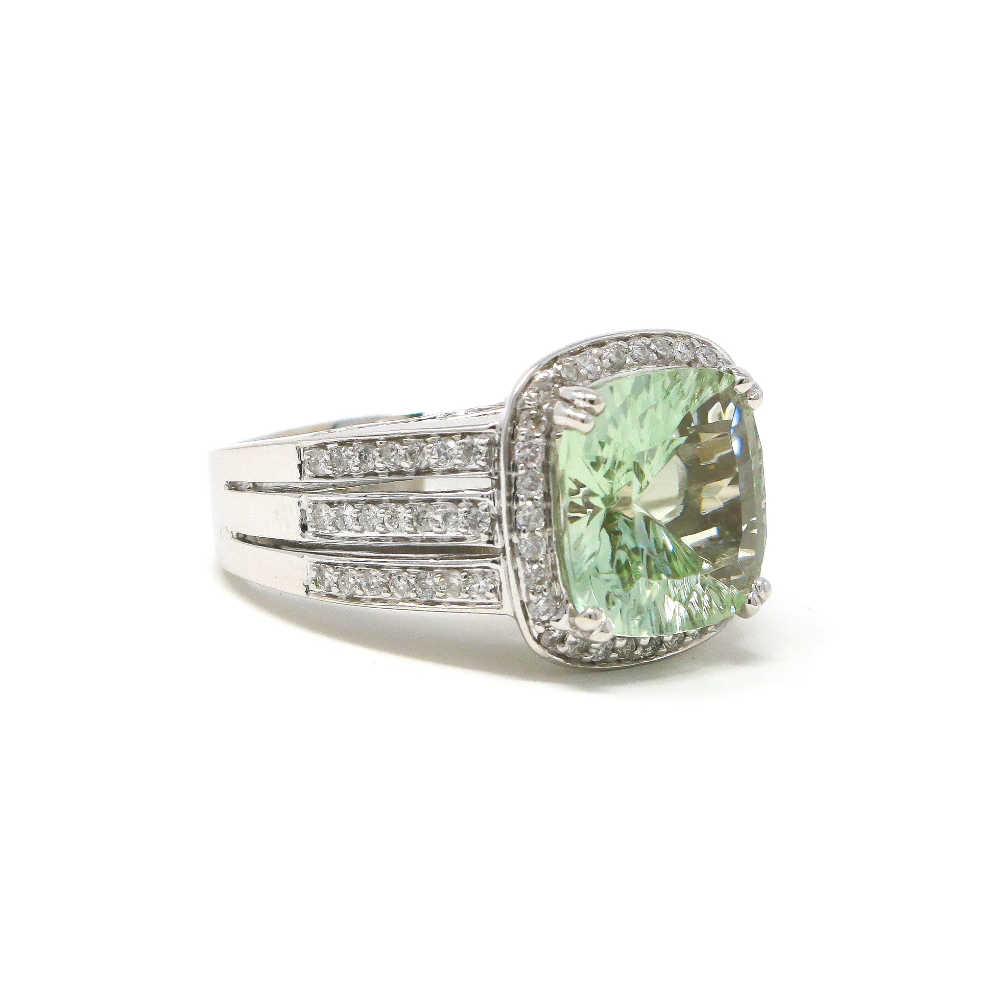 Green Topaz Diamond Tri Band Ring in 14K White Gold