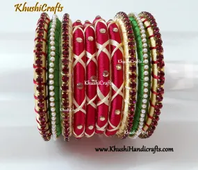 Green,Cream and Pink Silk thread Designer Bangles