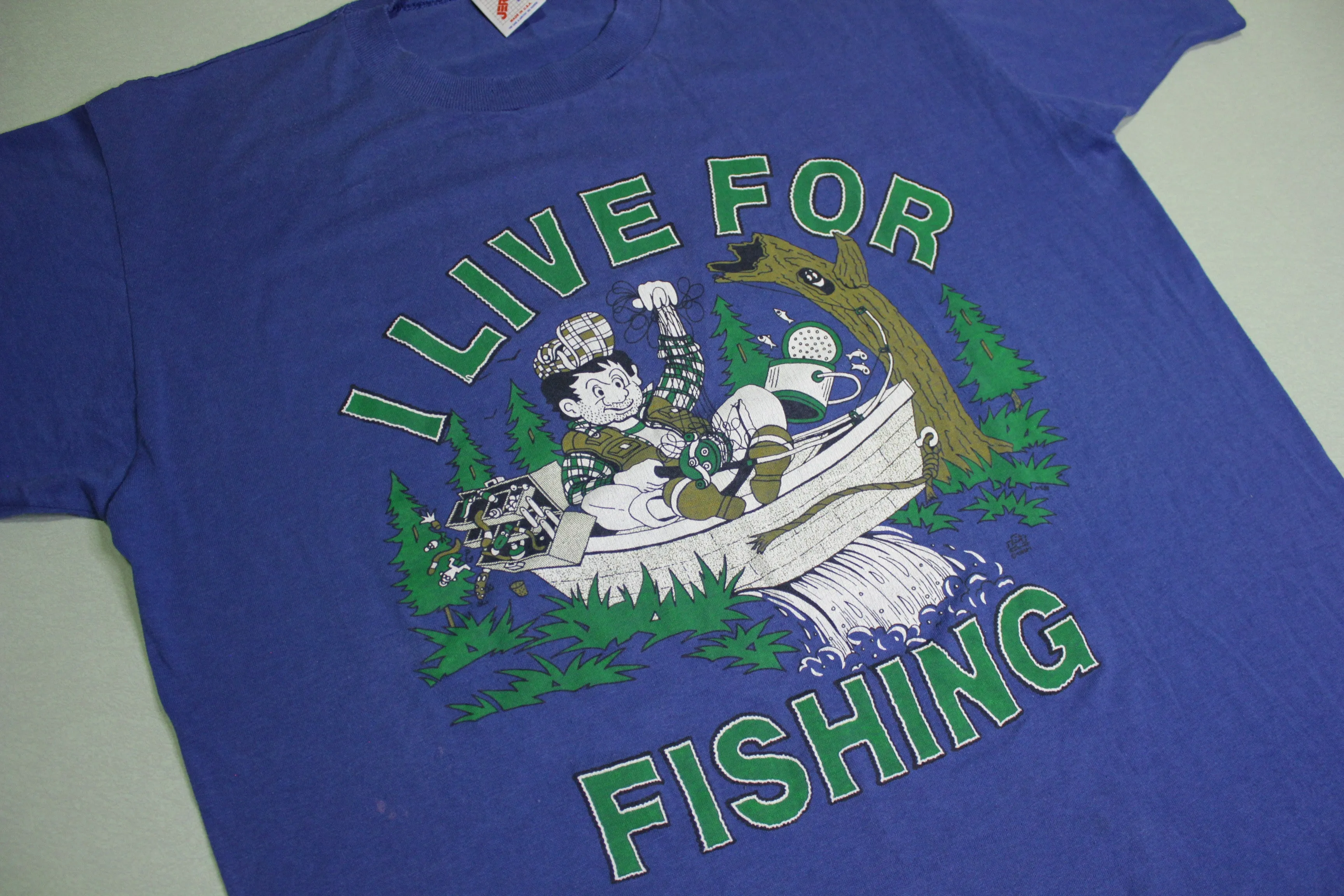 I Live For Fishing Vintage 80's Jerzees Made in USA Outdoorsman T-Shirt