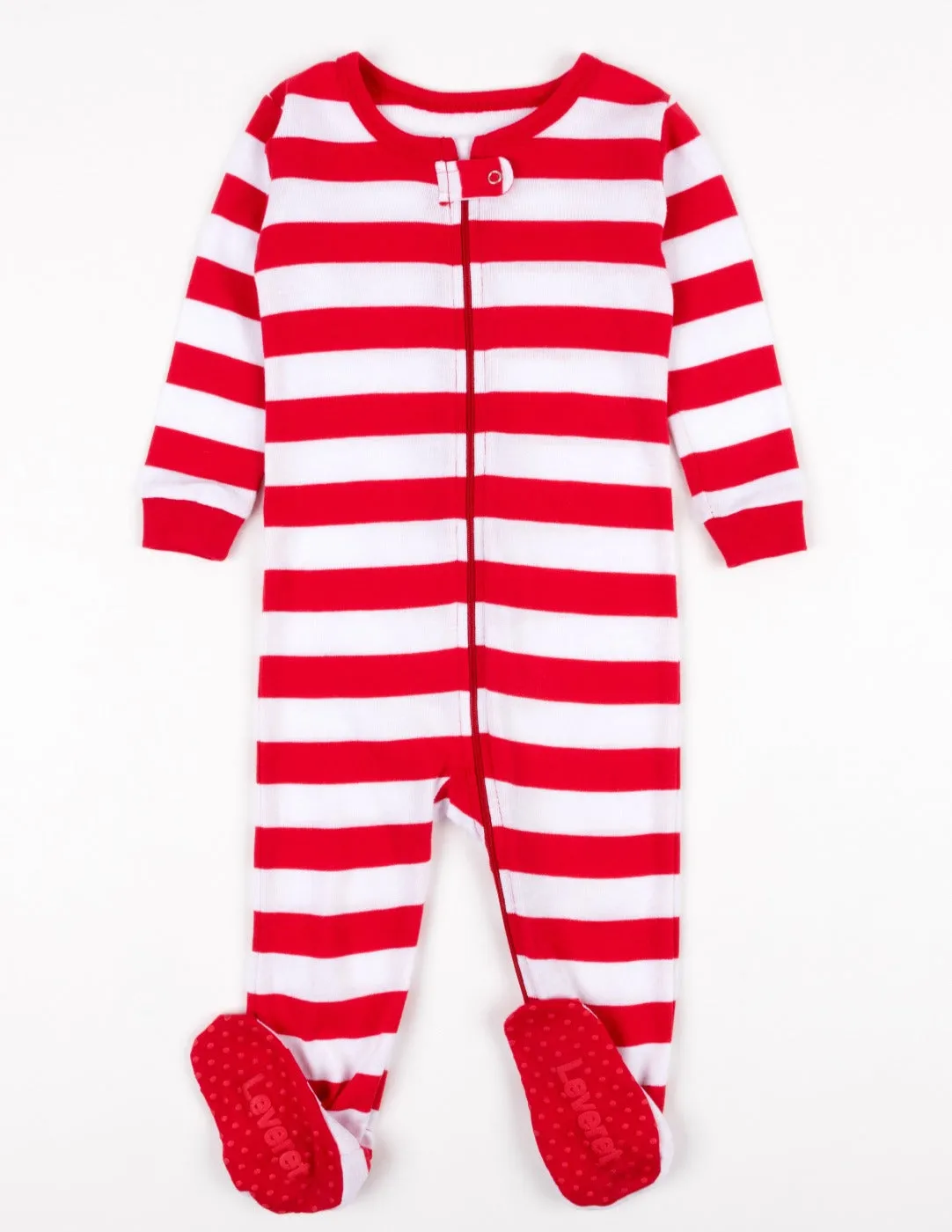 Kid's Footed Red & White Stripes Cotton Pajamas