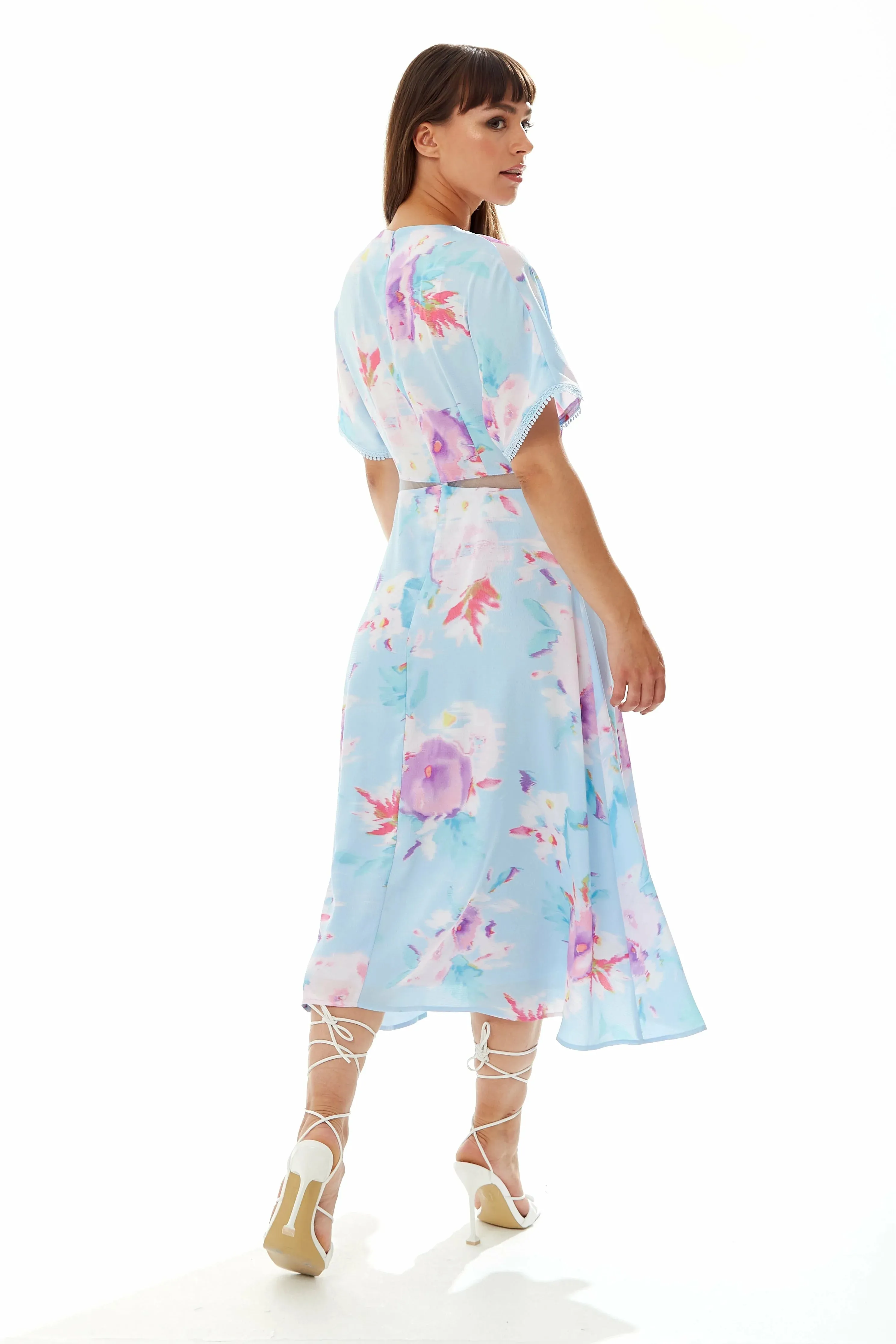 Liquorish Midi Floral Print Dress With Mesh Detail In Blue