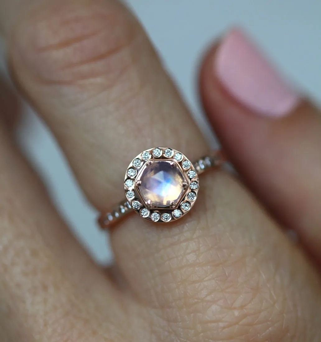 Moonstone & Halo Diamond Ring