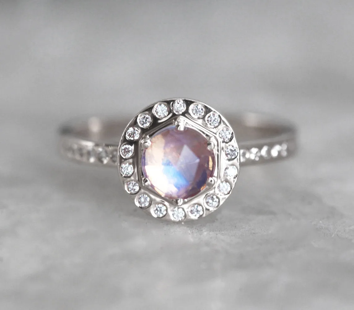 Moonstone & Halo Diamond Ring