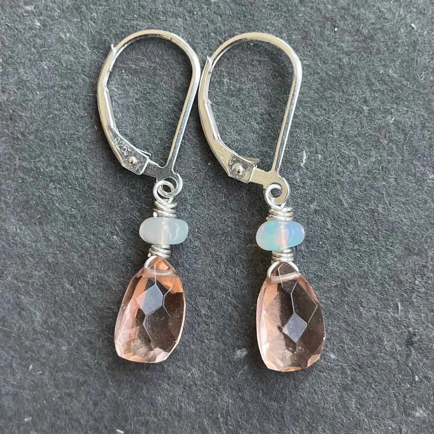 Morganite Peach And Opal Pyramid Leverback earrings