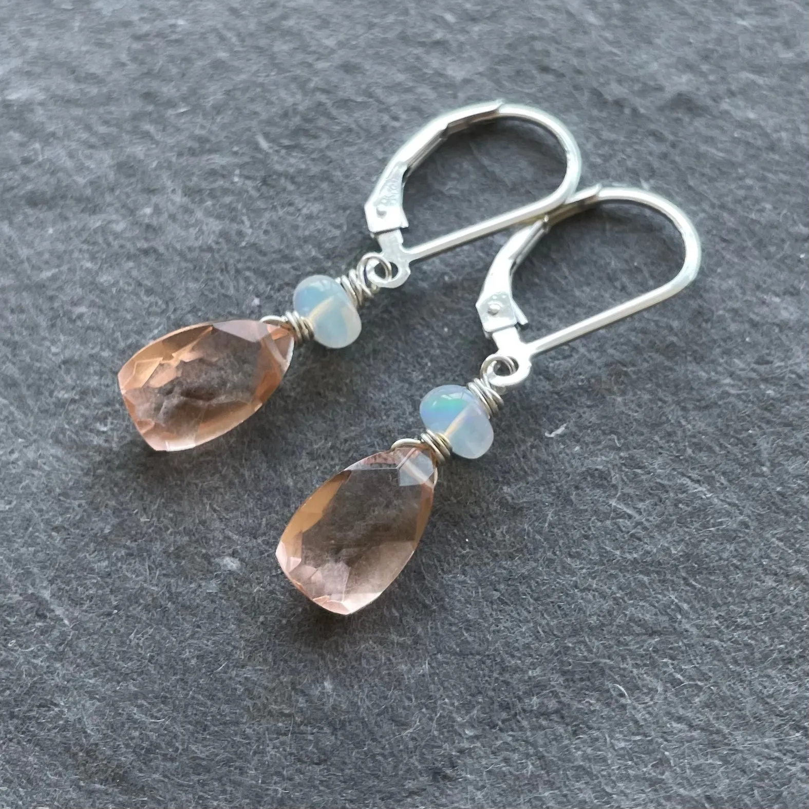 Morganite Peach And Opal Pyramid Leverback earrings