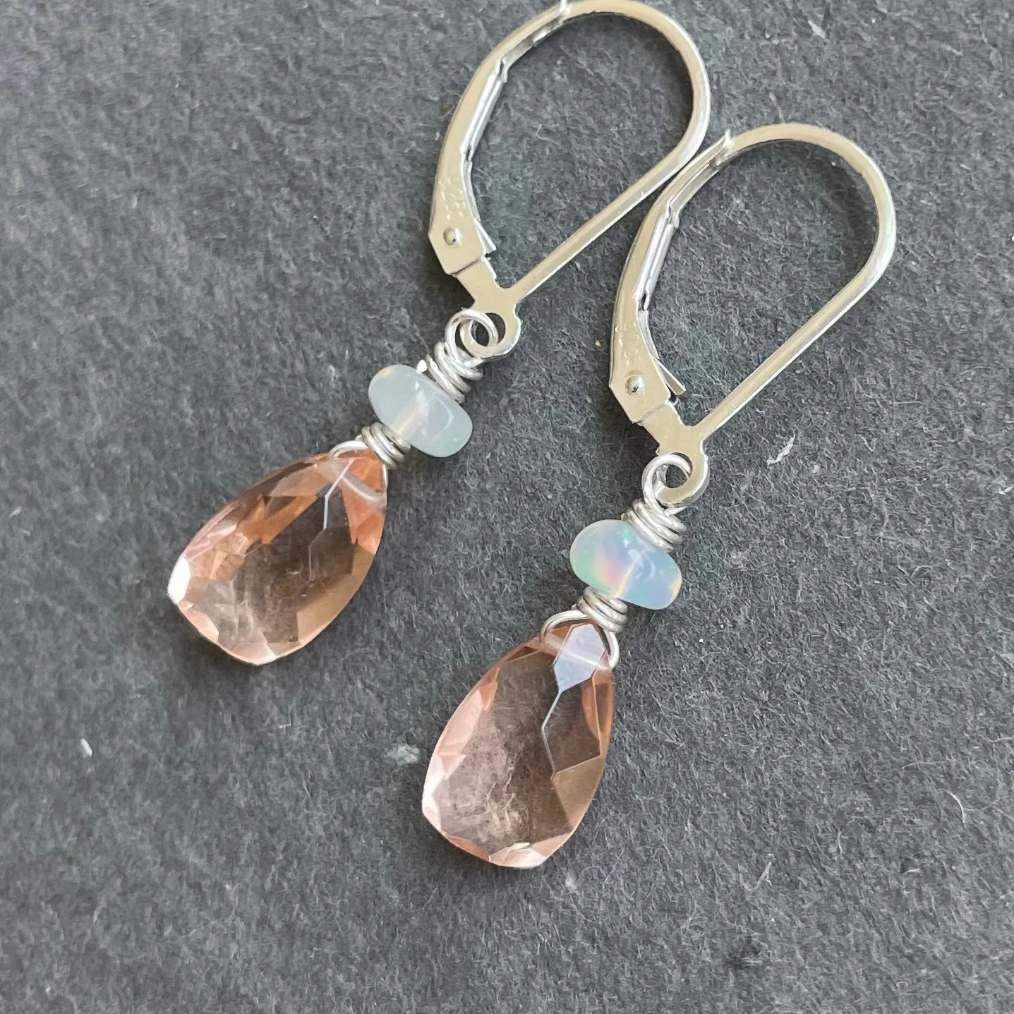 Morganite Peach And Opal Pyramid Leverback earrings