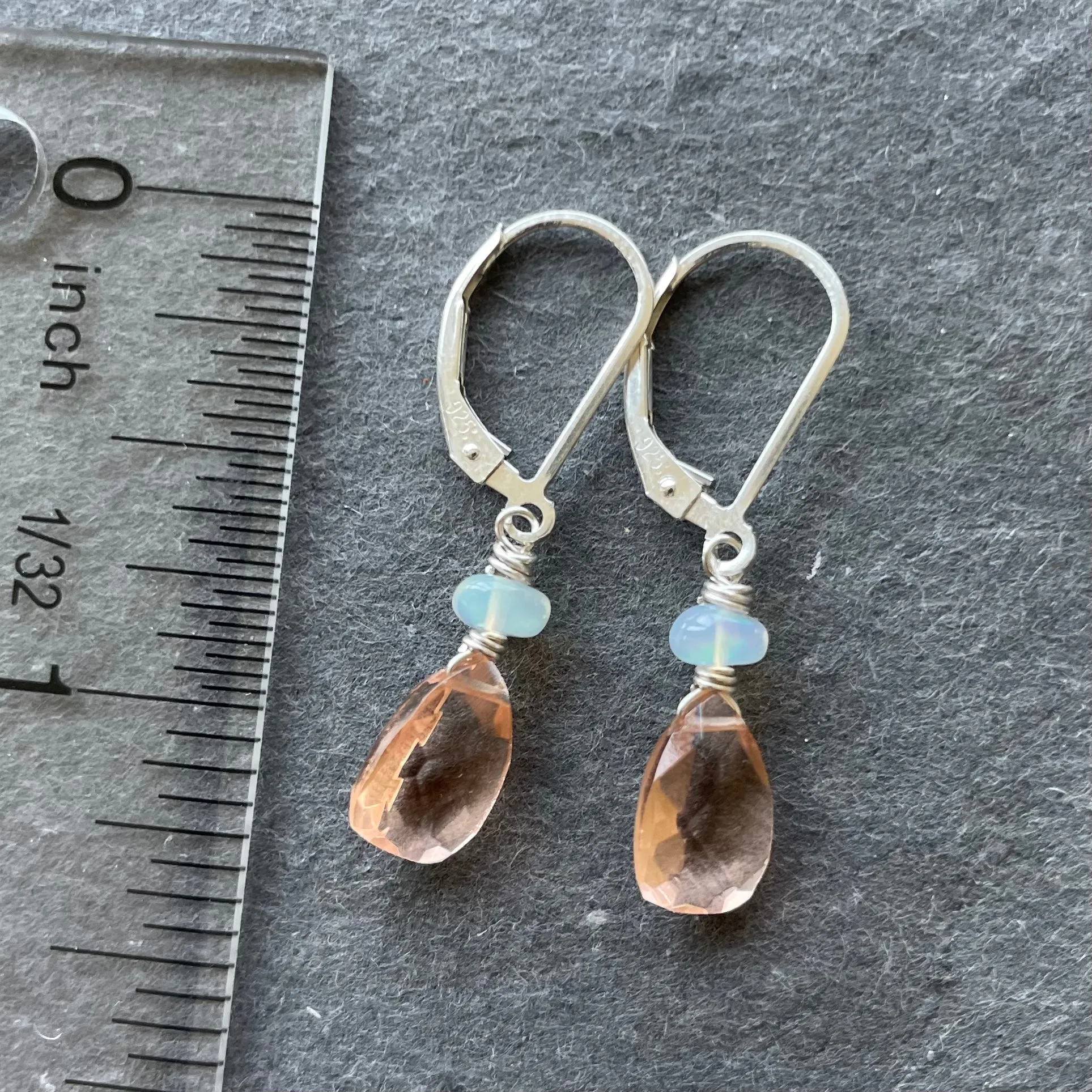 Morganite Peach And Opal Pyramid Leverback earrings