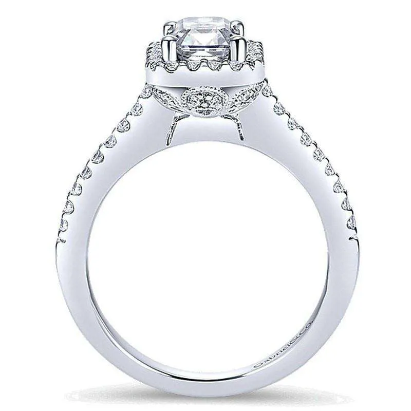 Mounting Only, Emerald Cut Halo Engagement Mounting with Thin Diamond Band