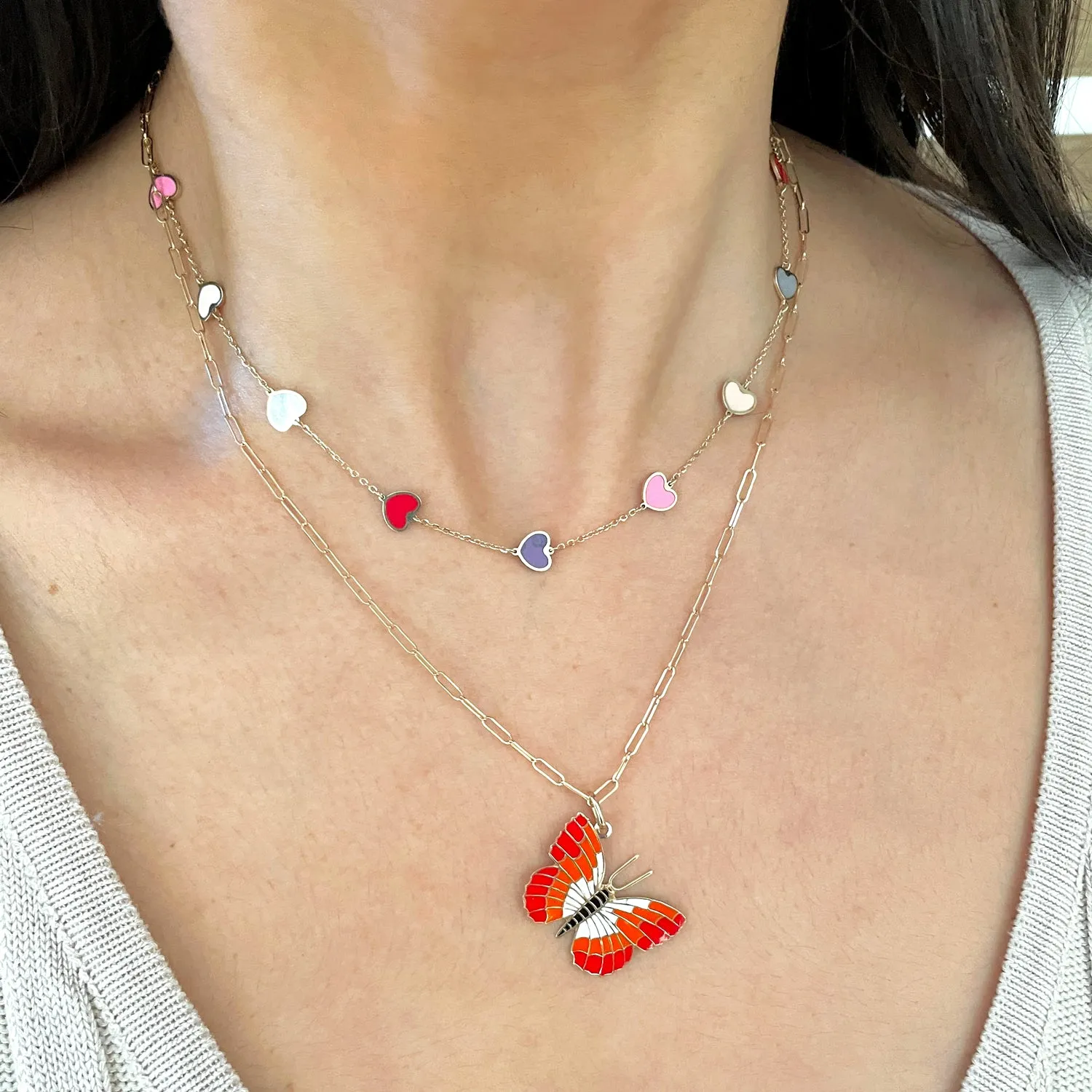 Multicolored Mixed Heart Station Necklace