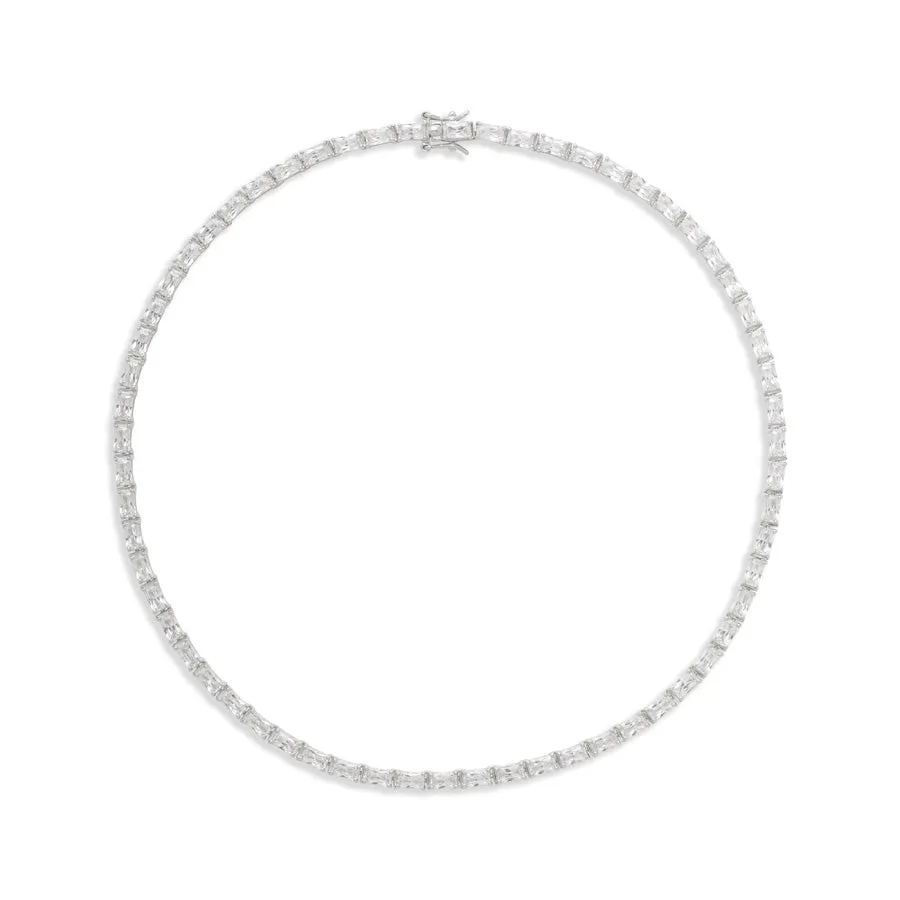 Pave 925 Sterling Silver Baguette Tennis Necklace