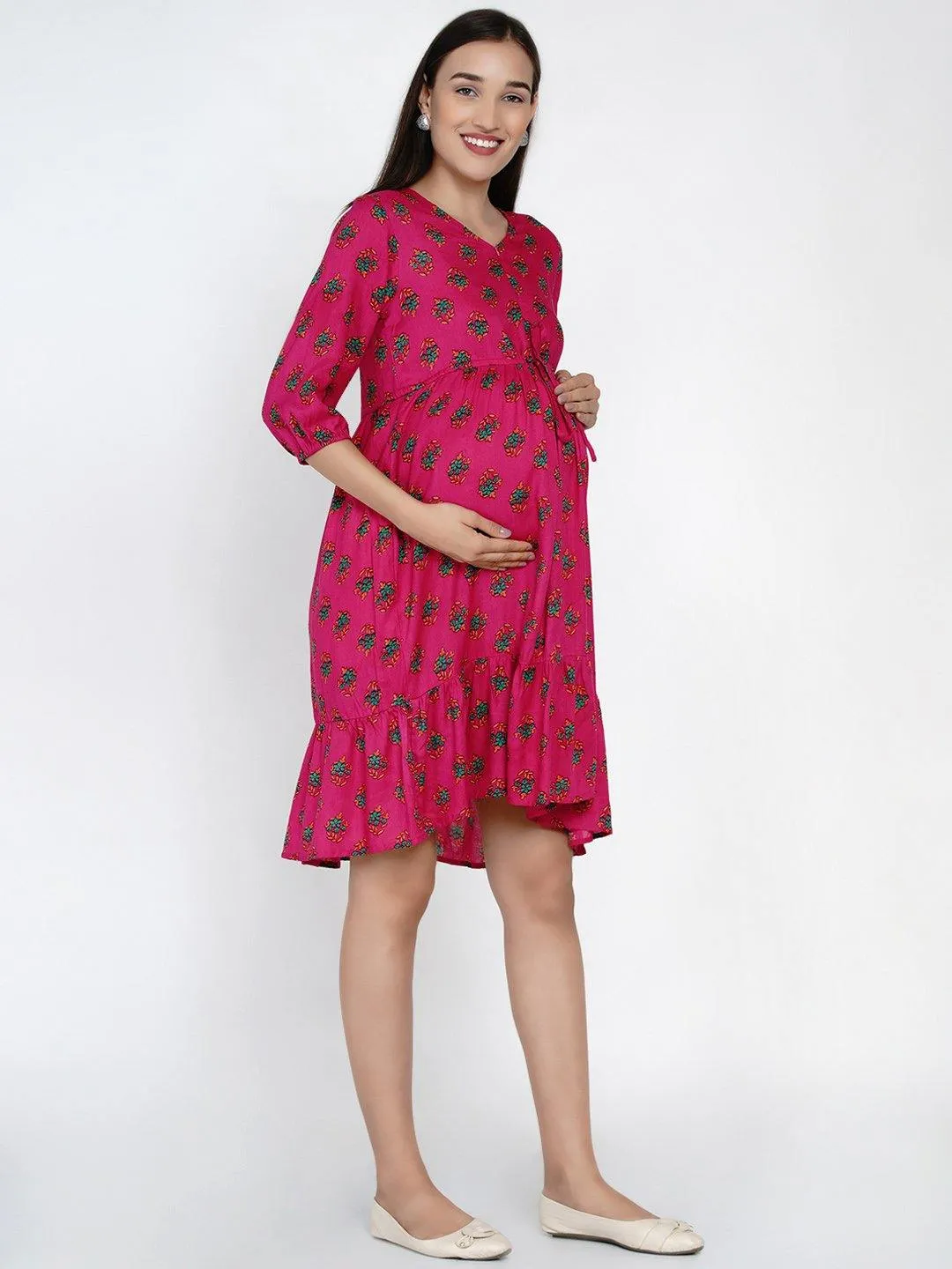 Pink Floral Fit and Flare Midi Rayon Maternity & Nursing Dress