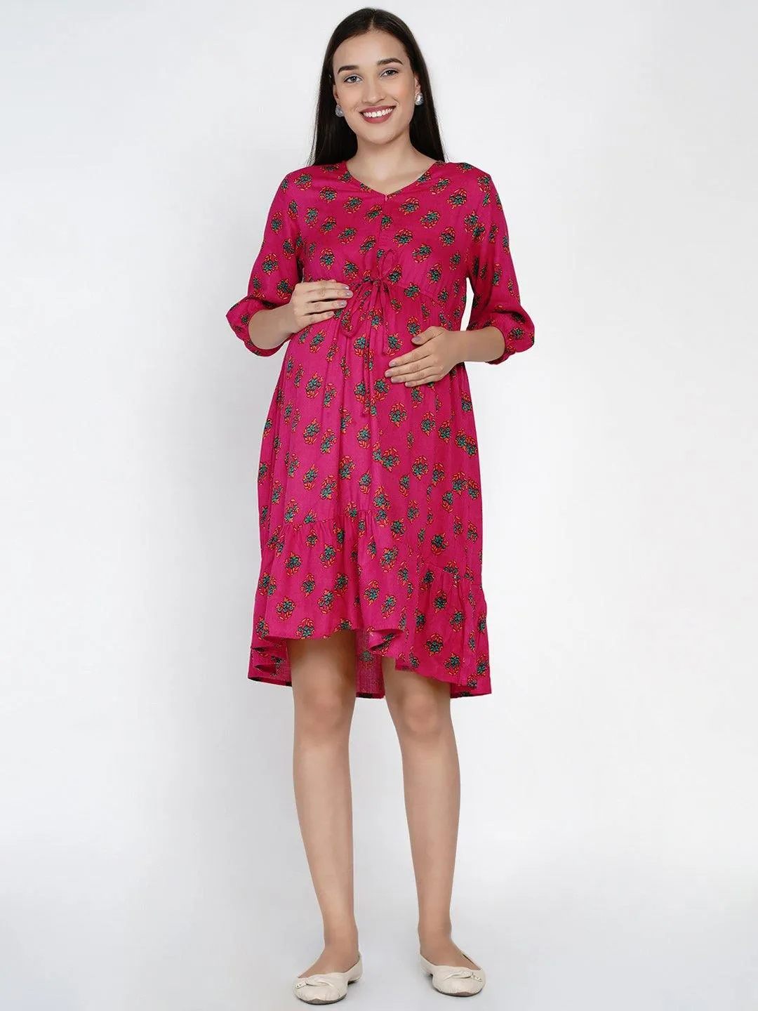 Pink Floral Fit and Flare Midi Rayon Maternity & Nursing Dress