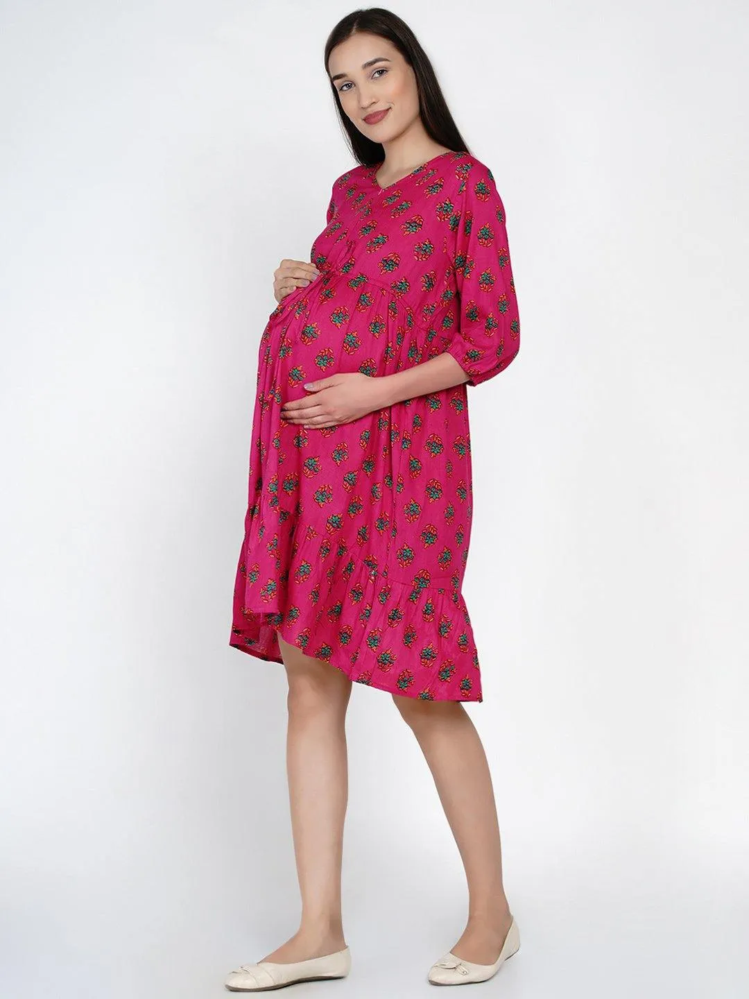 Pink Floral Fit and Flare Midi Rayon Maternity & Nursing Dress