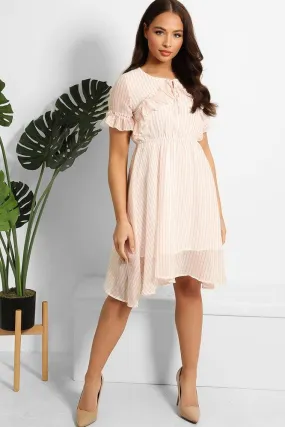 Pink Stripe White Chiffon Dress