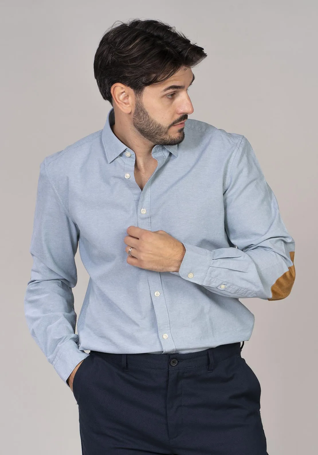 Pinpoint shirt with elbow patches - Blue