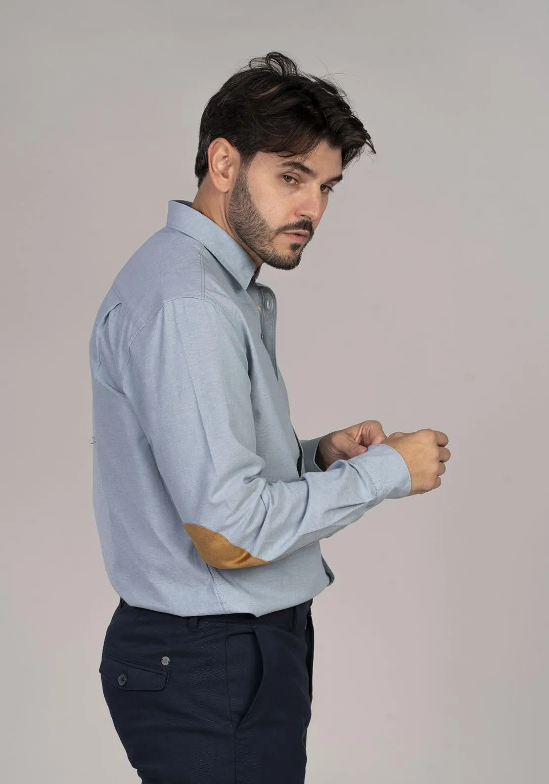 Pinpoint shirt with elbow patches - Blue