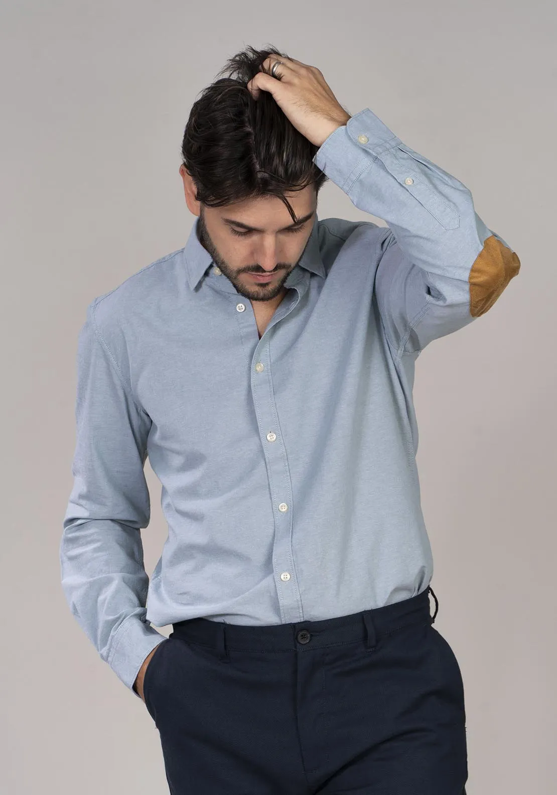 Pinpoint shirt with elbow patches - Blue