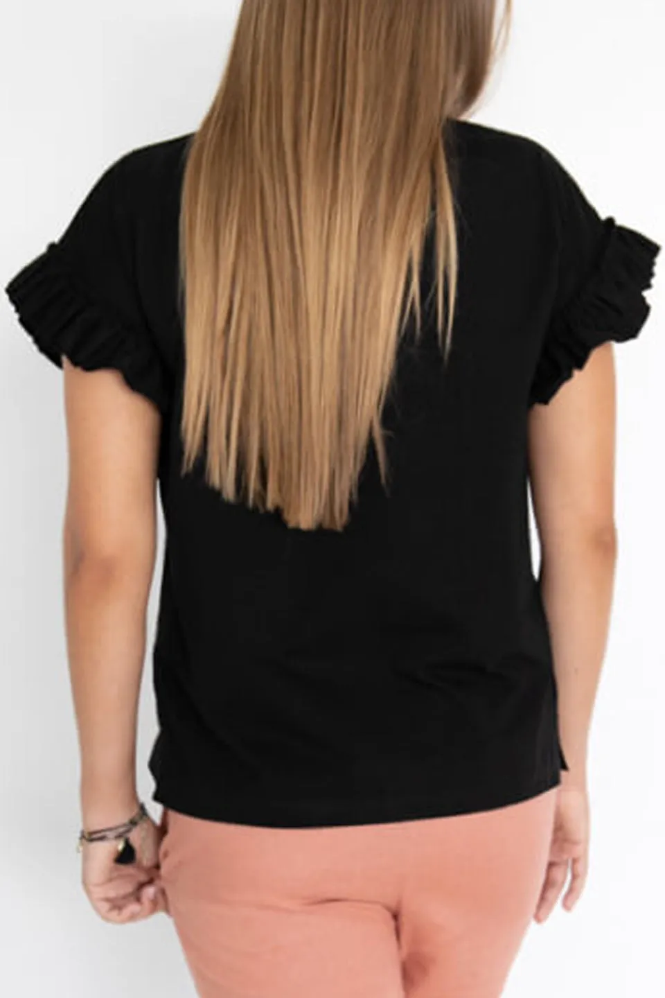 Santorini SS Ruffle V Neck Black Tee