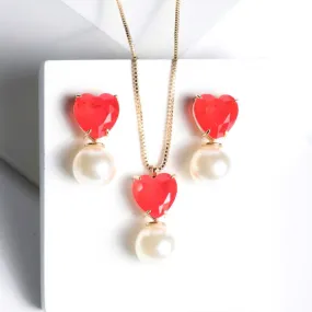 SET NECKLACE  EARRINGS PEARL & CHERRY RED CRYSTAL