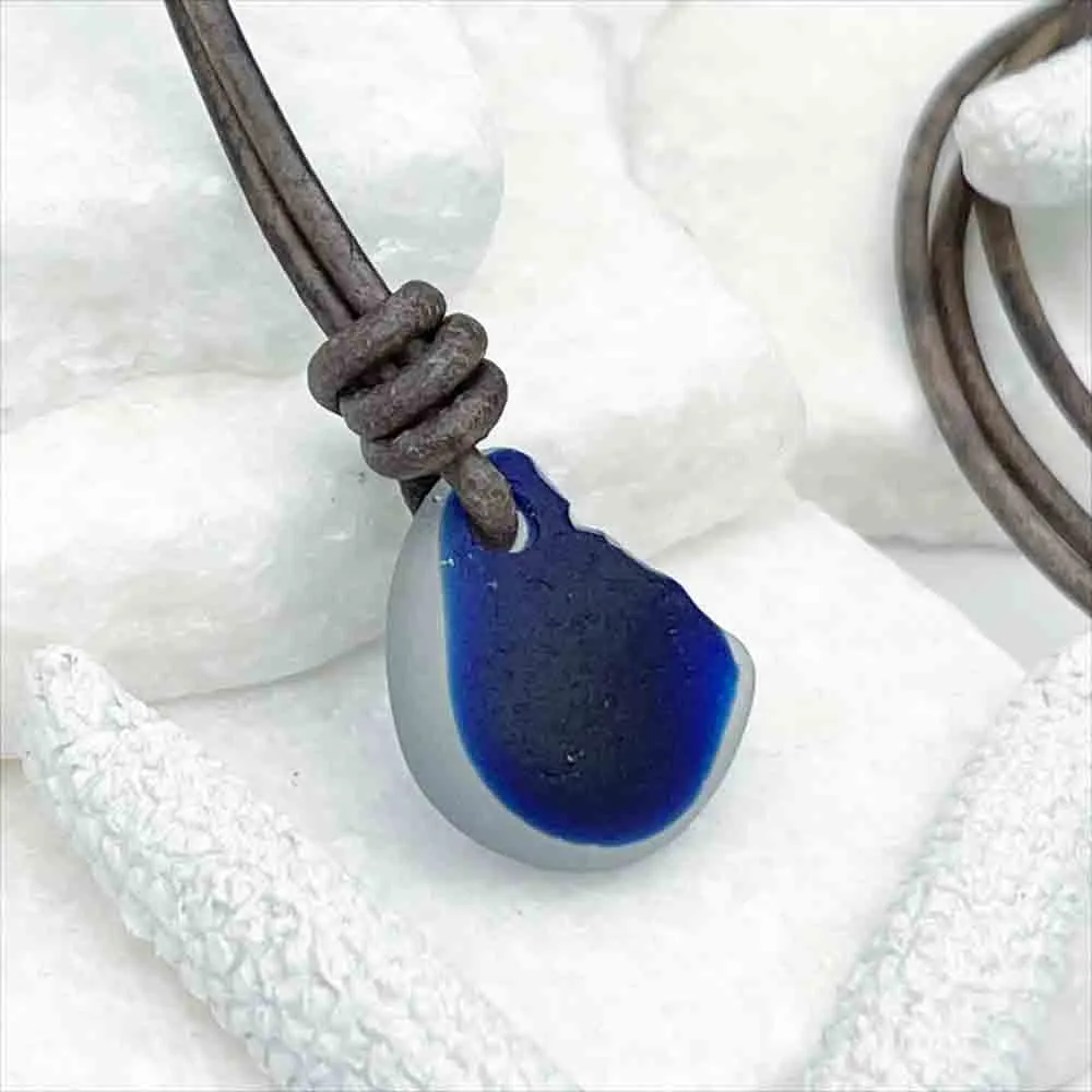 Shark Bite Cobalt Blue English Multi Sea Glass Leather Necklace | #5022