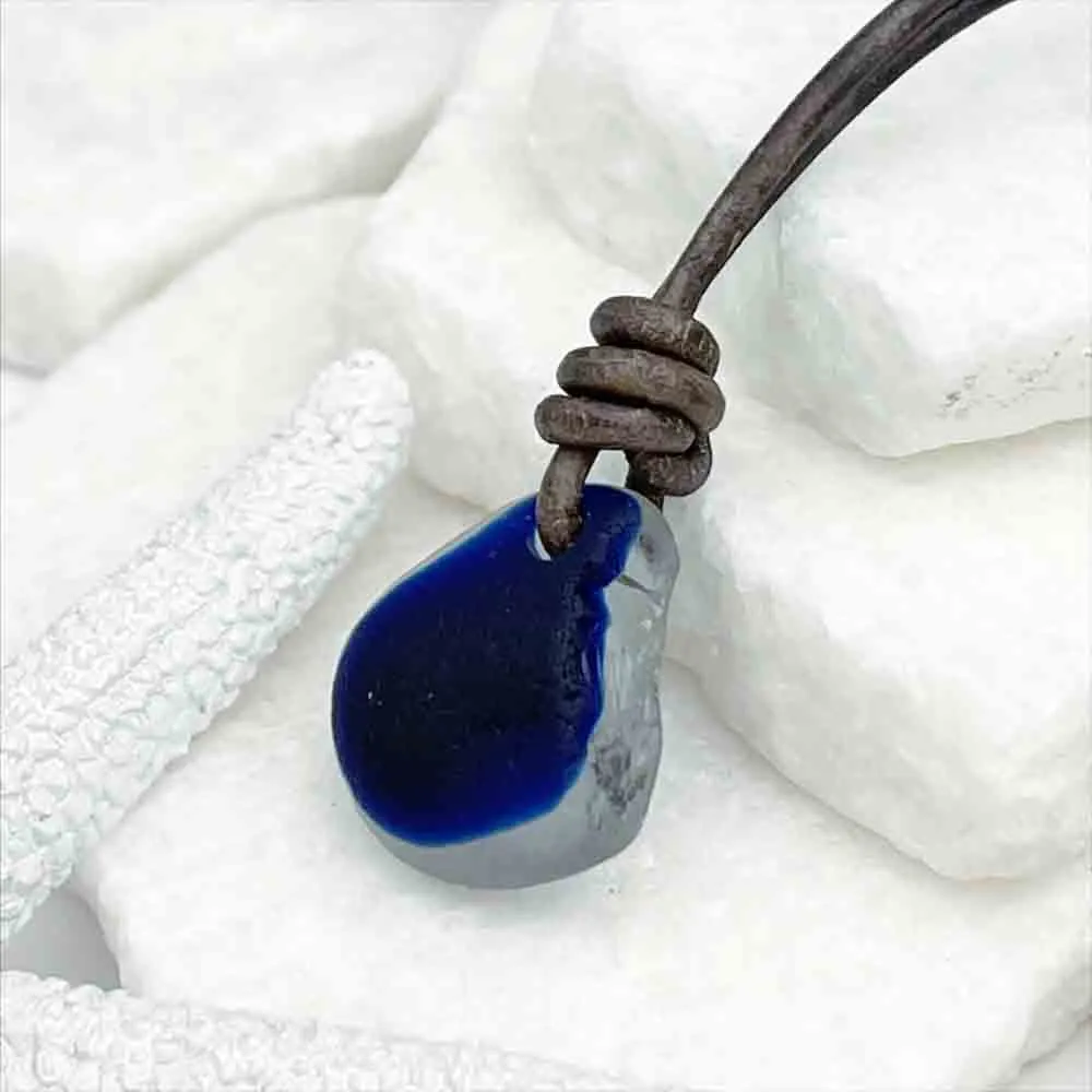 Shark Bite Cobalt Blue English Multi Sea Glass Leather Necklace | #5022