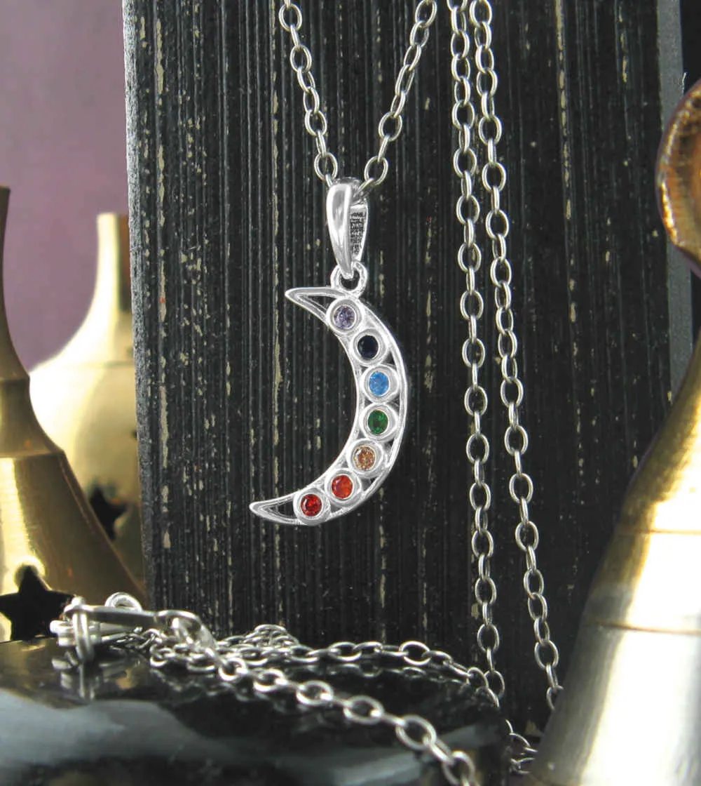 Slender Crescent Moon Pendant with Chakra Crystals