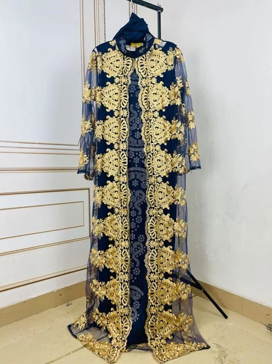 Stunning African Lace Embroidered Coat and Pressed Diamond Pattern Long Dress Set with Scarf