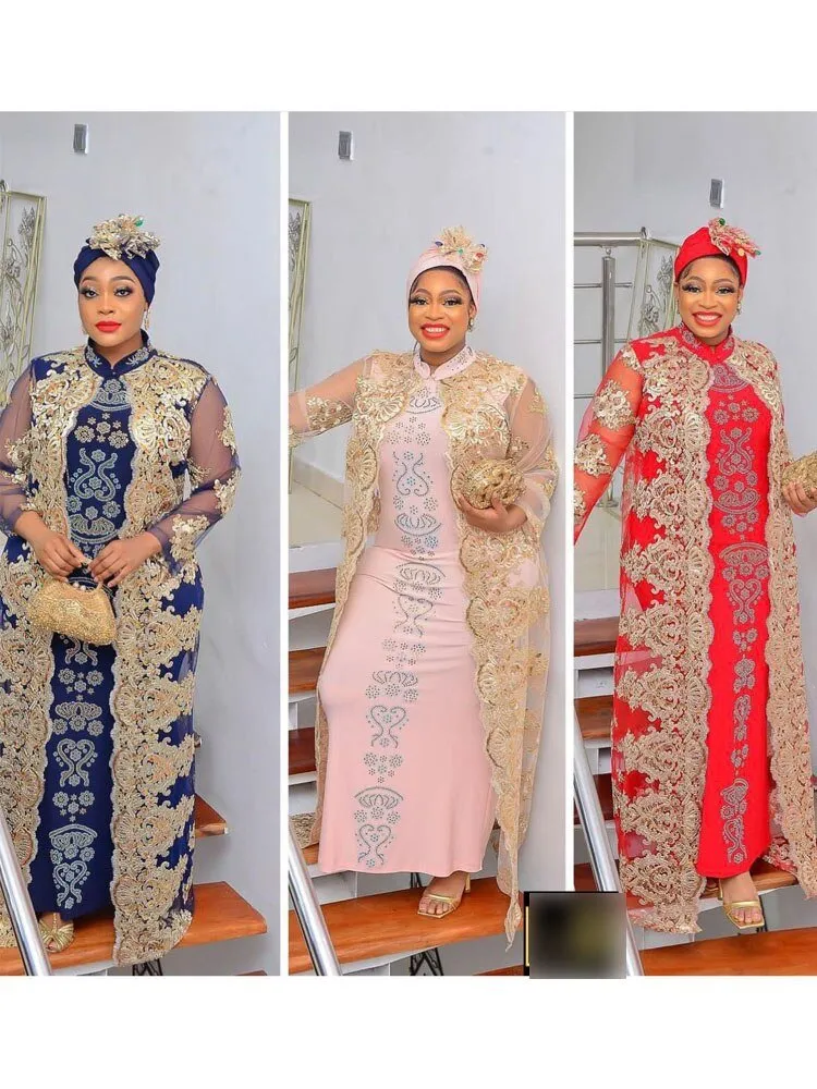 Stunning African Lace Embroidered Coat and Pressed Diamond Pattern Long Dress Set with Scarf