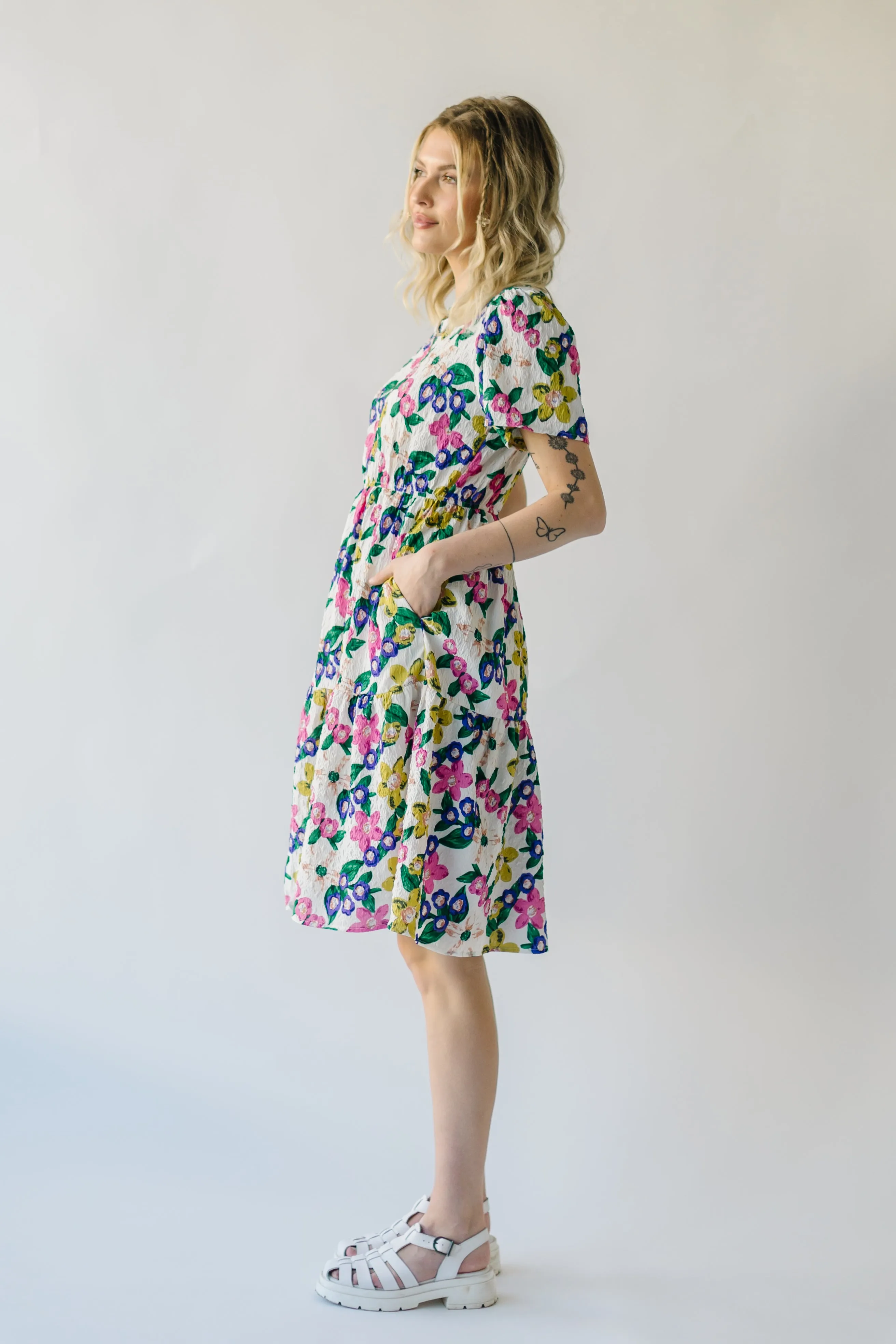 The Garza Floral Midi Dress in White Multi