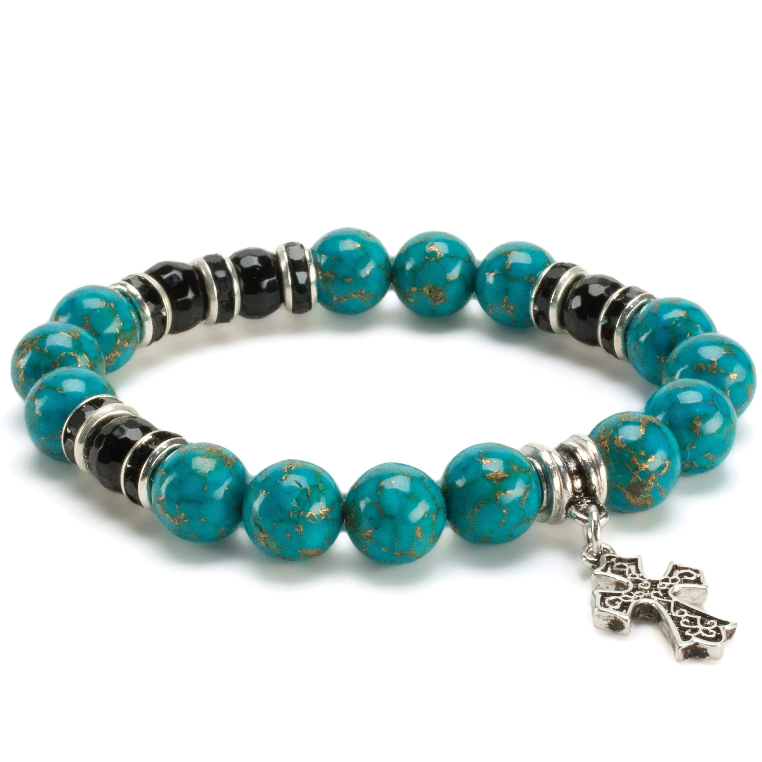 Turquoise 10mm Gemstone Elastic Bead Bracelet with Cross Charm & Black Agate Accent Beads