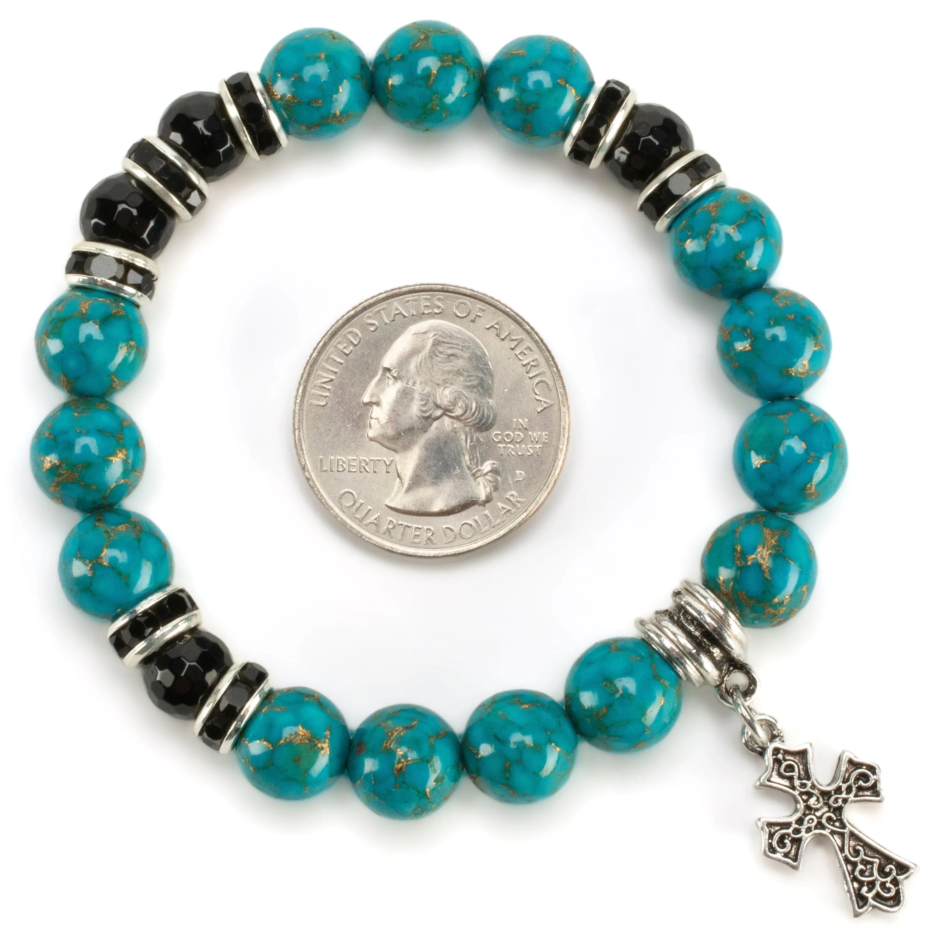 Turquoise 10mm Gemstone Elastic Bead Bracelet with Cross Charm & Black Agate Accent Beads