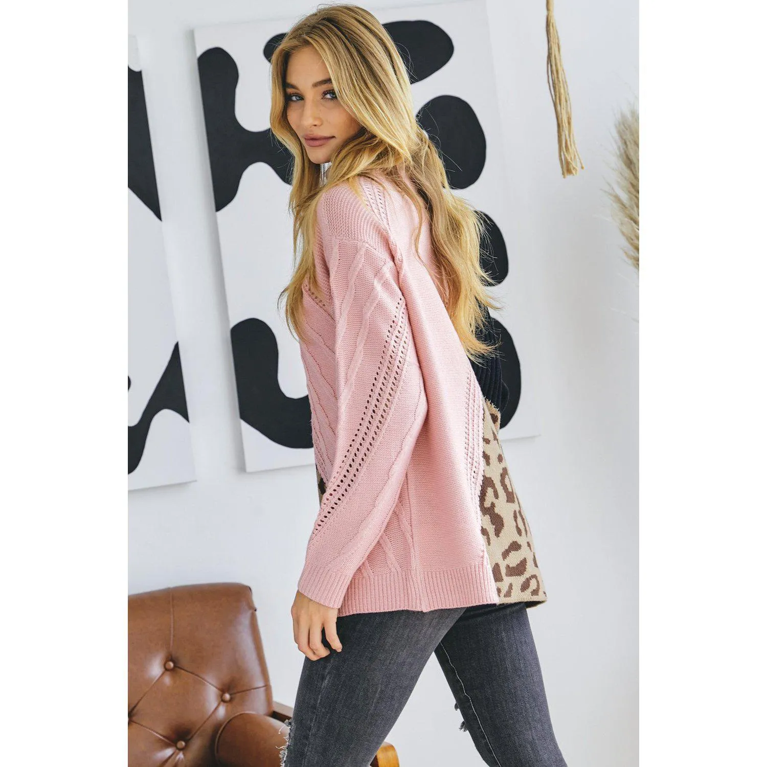 Turtle Neck Color Block Cutout Sweater