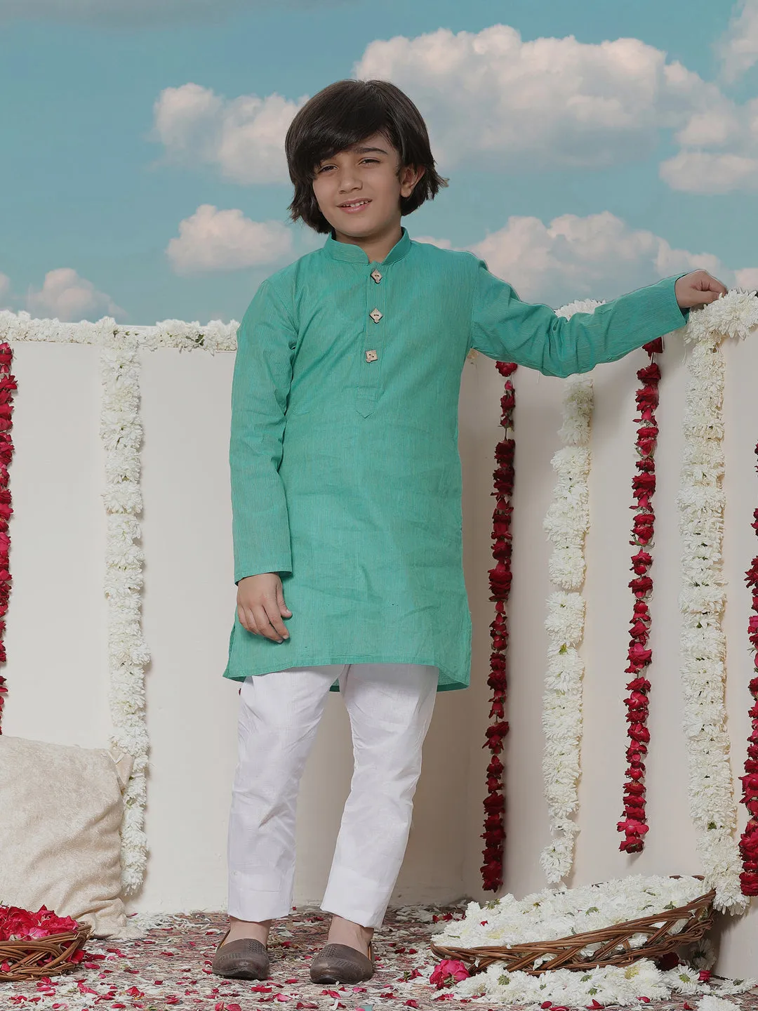 VASTRAMAY Boy's Light Blue Cotton Kurta and Pyjama Set