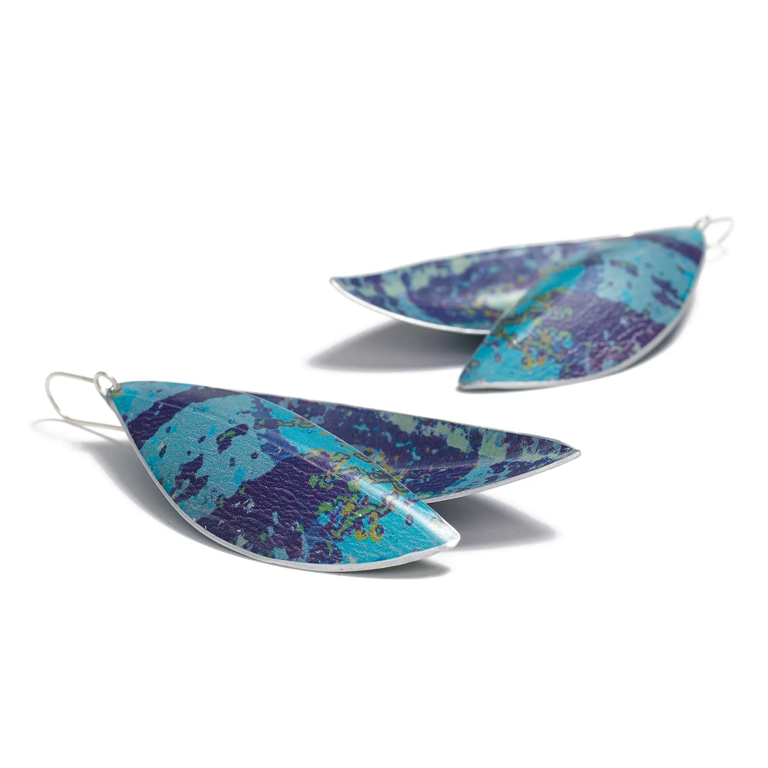 Very Long Blue Leaf Earrings